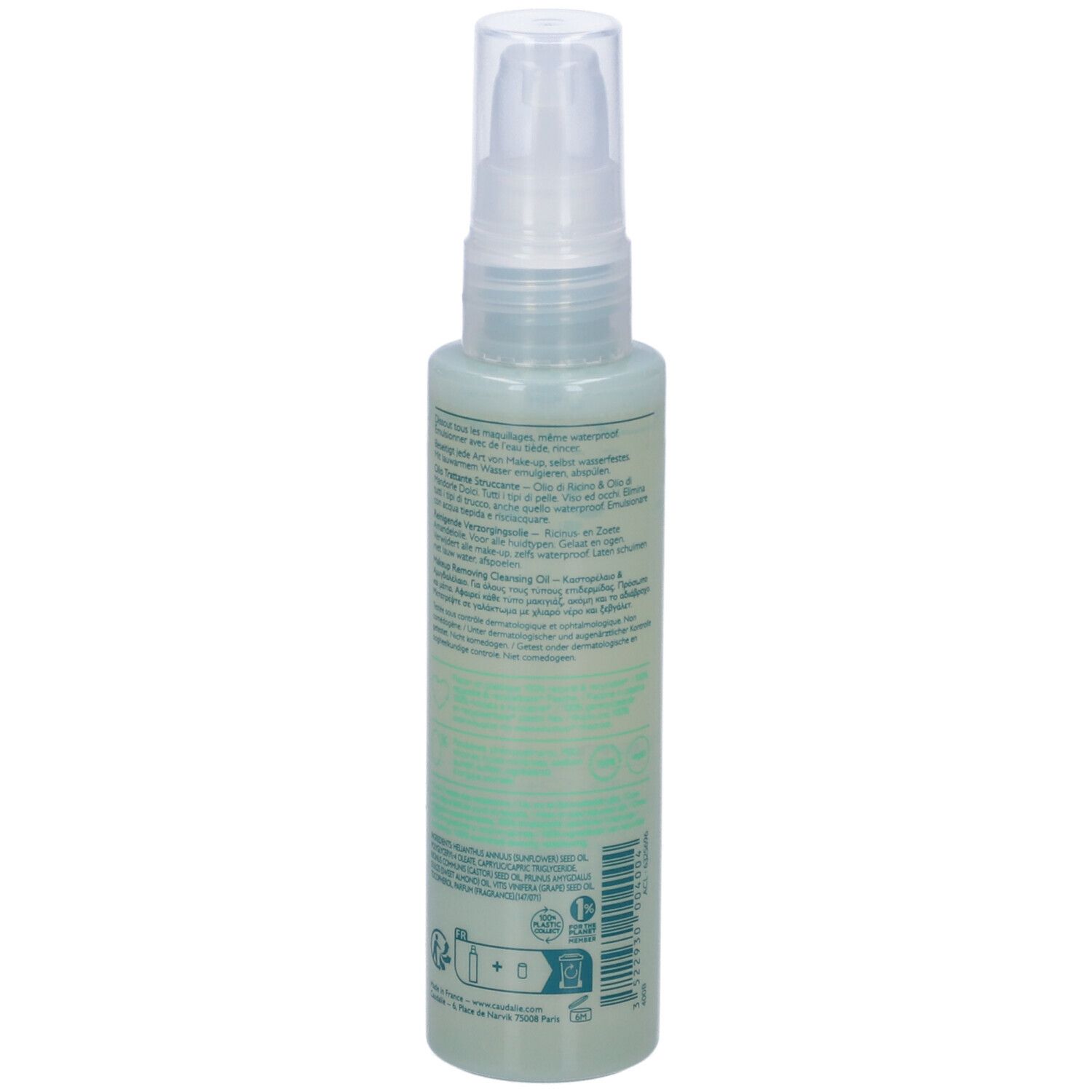 Caudalie Vinoclean Olio Trattante Struccante. Retro del flacone. Etichetta con testo, codice a barre e logo. Flacone trasparente con erogatore.