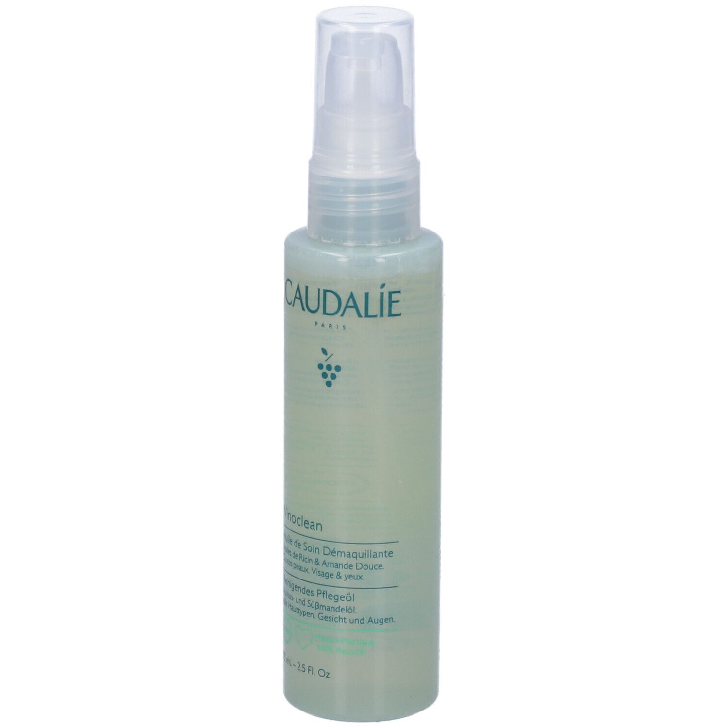 Caudalie Vinoclean Olio Trattante Struccante. Flacone trasparente con erogatore a spruzzo. Liquido verdognolo. Etichetta con testo e logo.