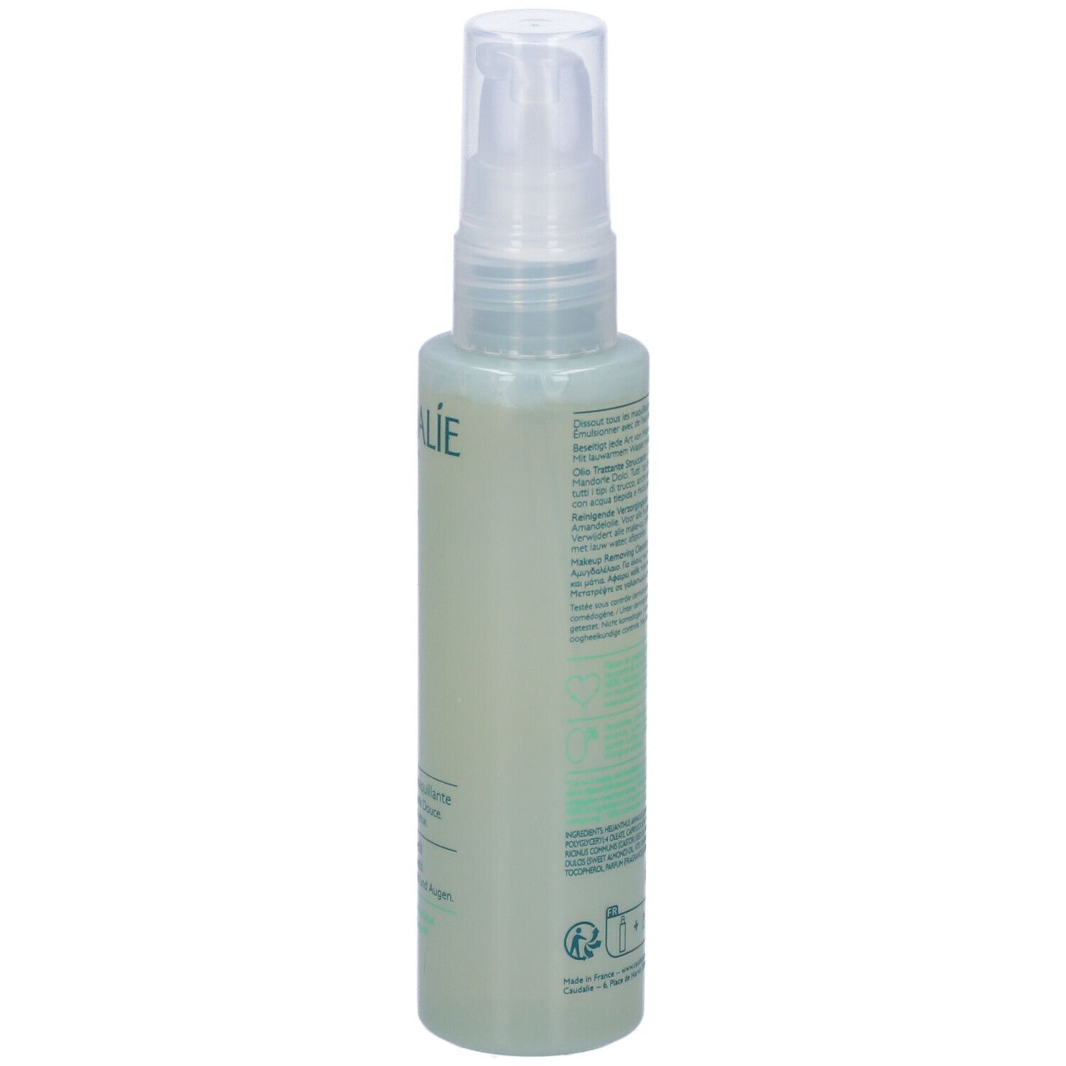Caudalie Vinoclean Olio Trattante Struccante. Retro del flacone. Etichetta con testo, codice a barre e logo. Flacone trasparente con erogatore.