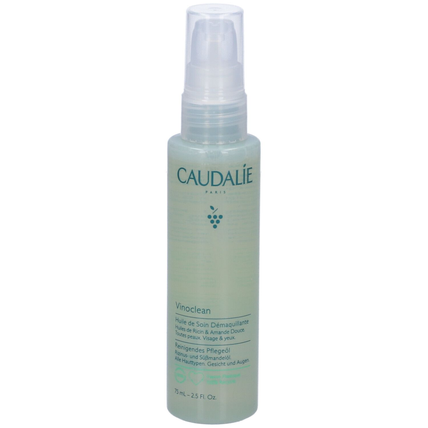 Caudalie Vinoclean Olio Trattante Struccante. Flacone trasparente con erogatore a spruzzo. Liquido verdognolo. Etichetta con testo e logo.