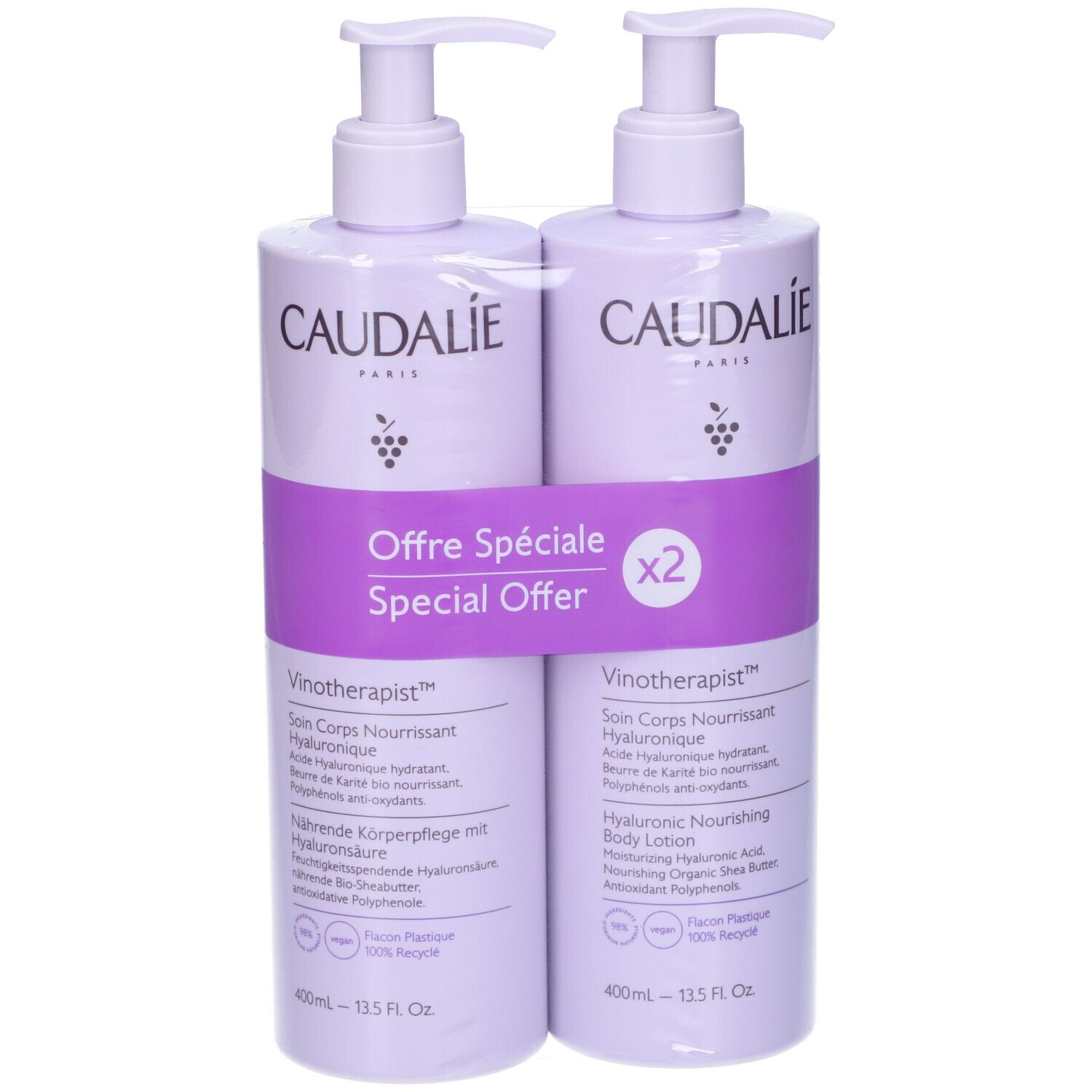 Due flaconi di lozione per il corpo Caudalie Vinotherapist con dispenser. Confezione viola, dispenser bianco, fascia viola con testo.