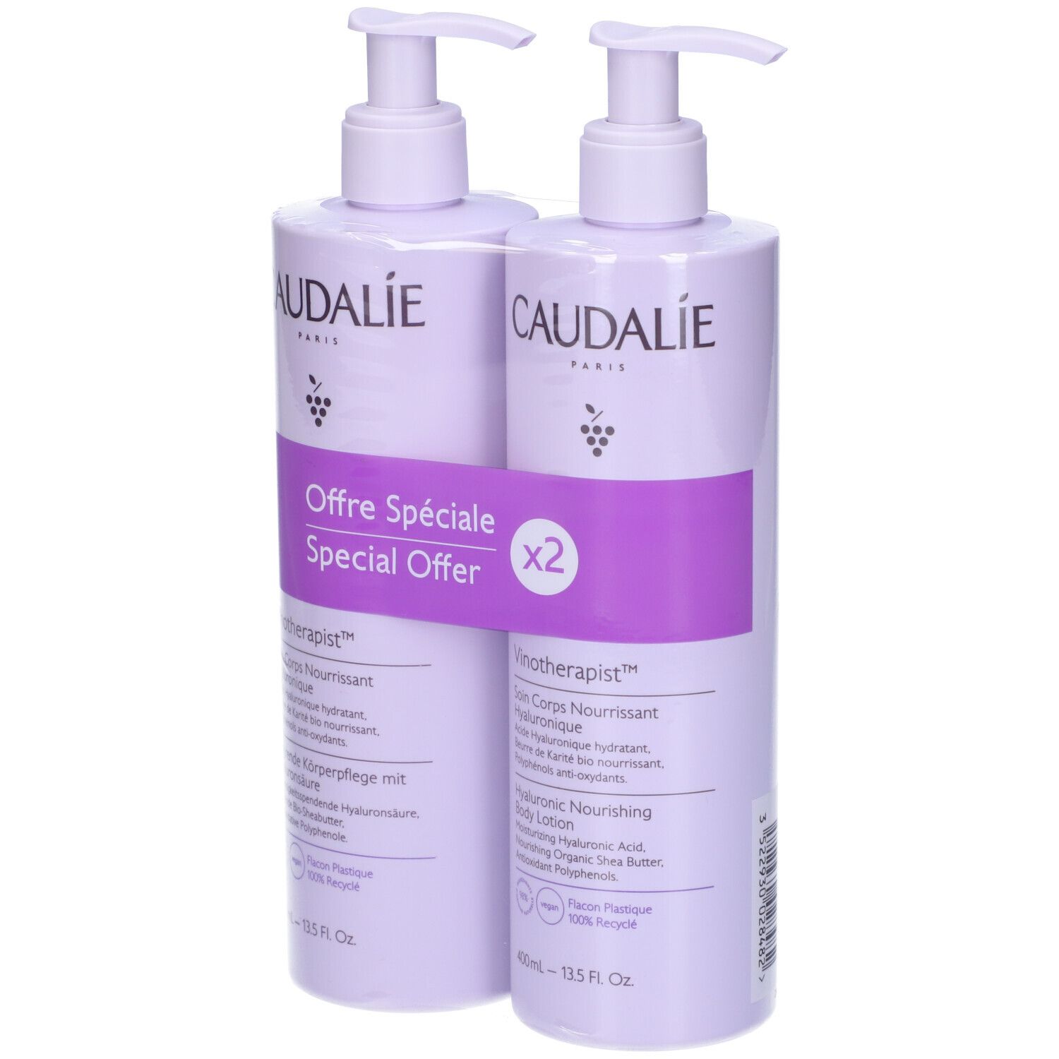 Due flaconi di lozione per il corpo Caudalie Vinotherapist con dispenser. Confezione viola, dispenser bianco, fascia viola con testo.