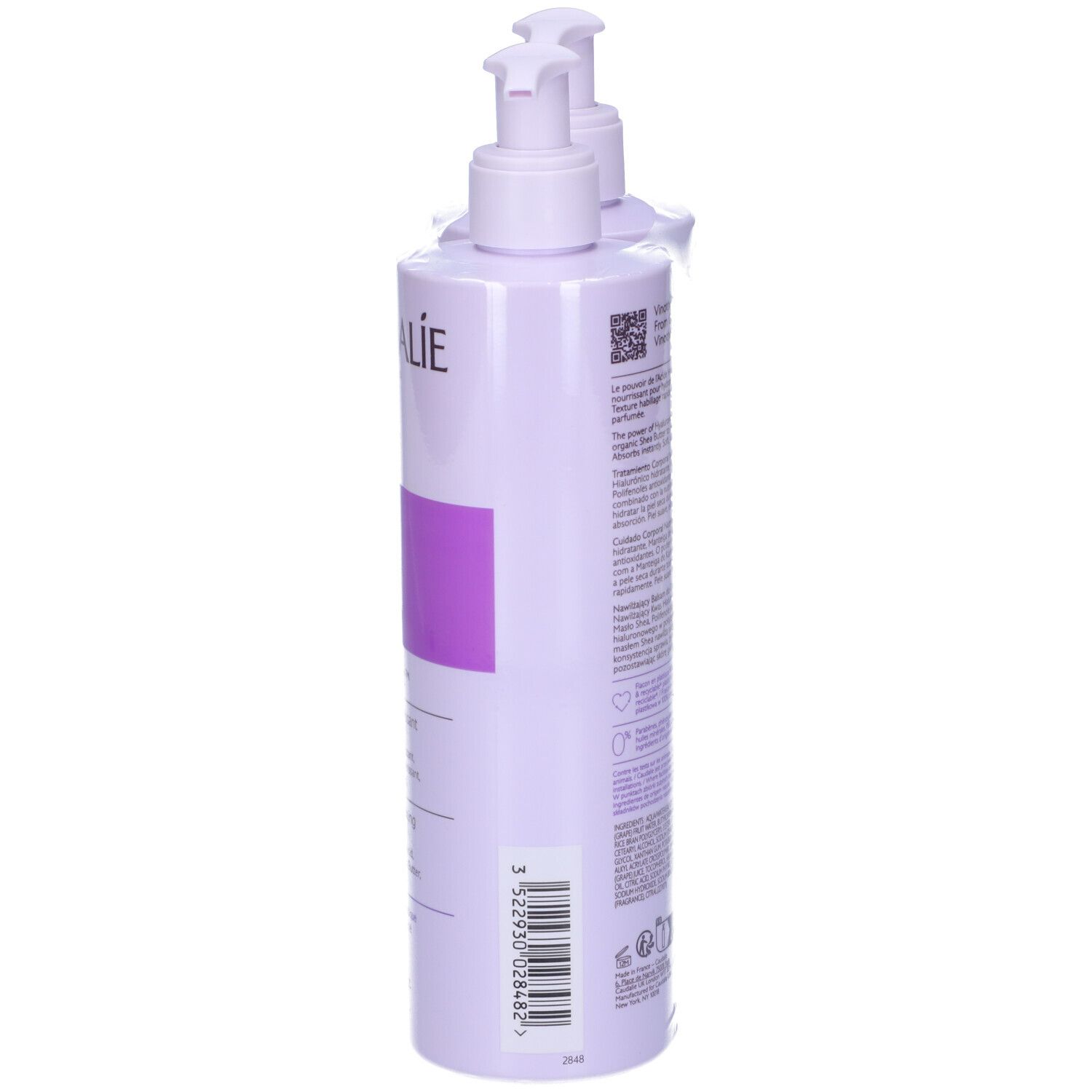 Due flaconi di lozione per il corpo Caudalie Vinotherapist. Confezione viola, dispenser bianco. Vista posteriore, etichette visibili.