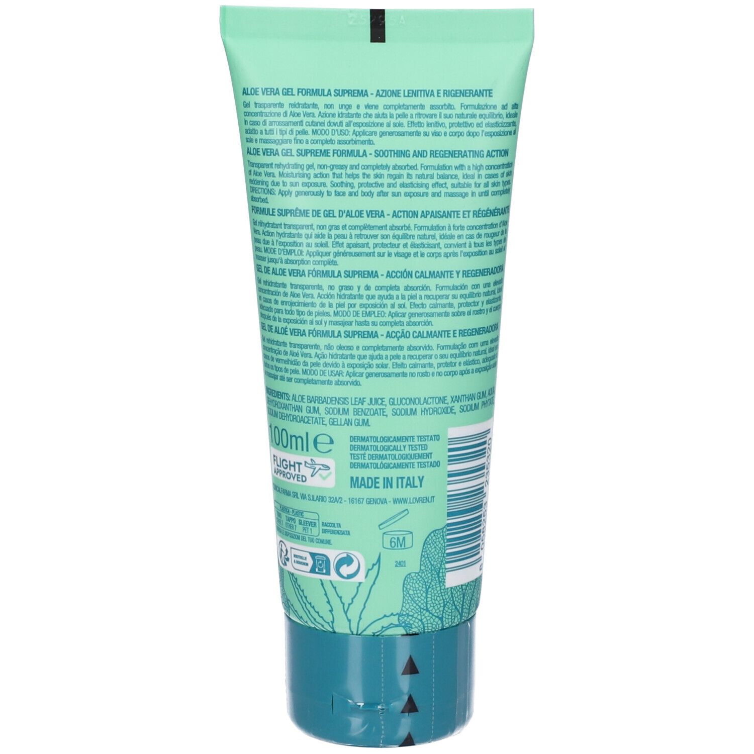 Retro del tubo verde. Testo: "Aloe Vera Gel Formula Suprema". Ingredienti e informazioni del produttore.