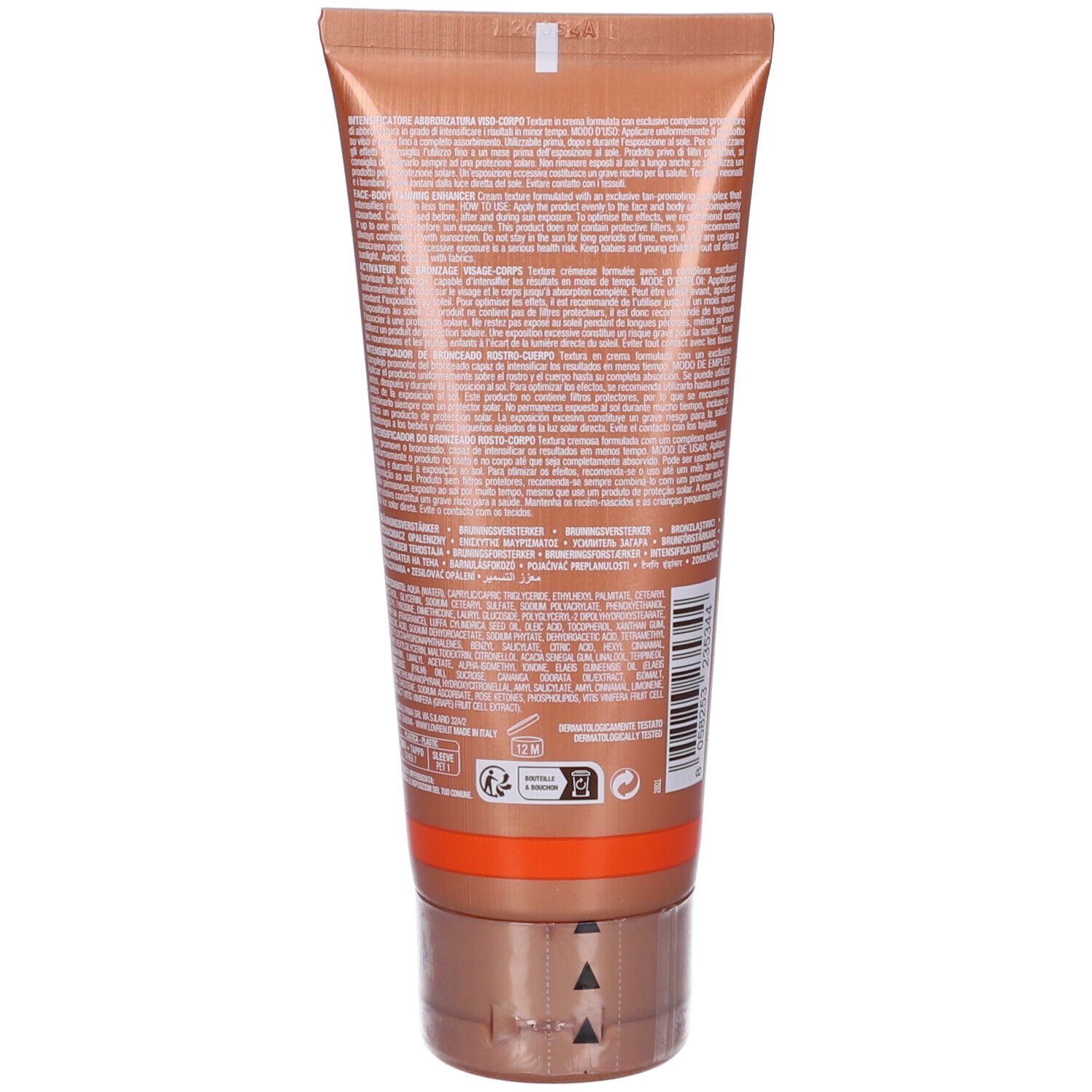 Retro del tubo attivatore abbronzatura. Testo multilingue. Simboli di riciclo.