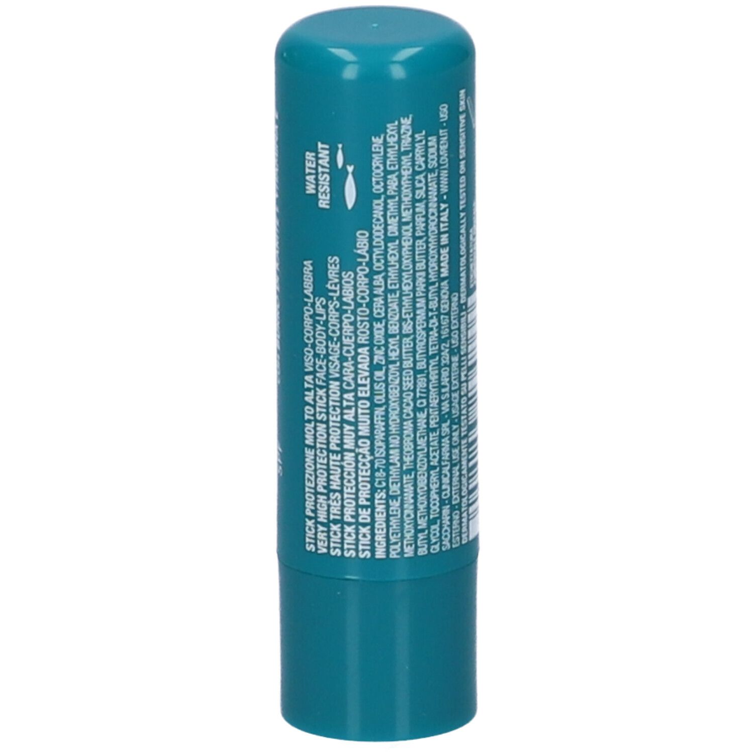 Stick labbra turchese. Testo: WATER RESISTANT. Testo: STICK PROTEZIONE MOLTO ALTA.