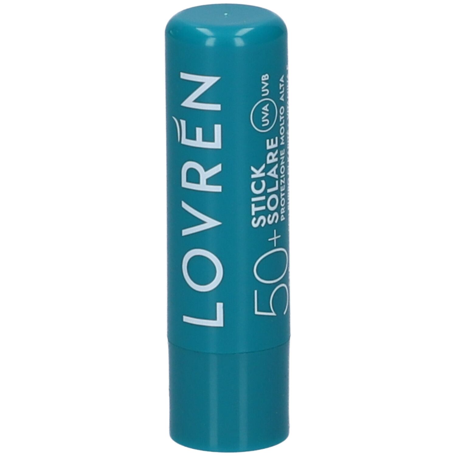 Stick labbra turchese. Scritta LOVRÉN. Scritta: STICK SOLARE 50+.