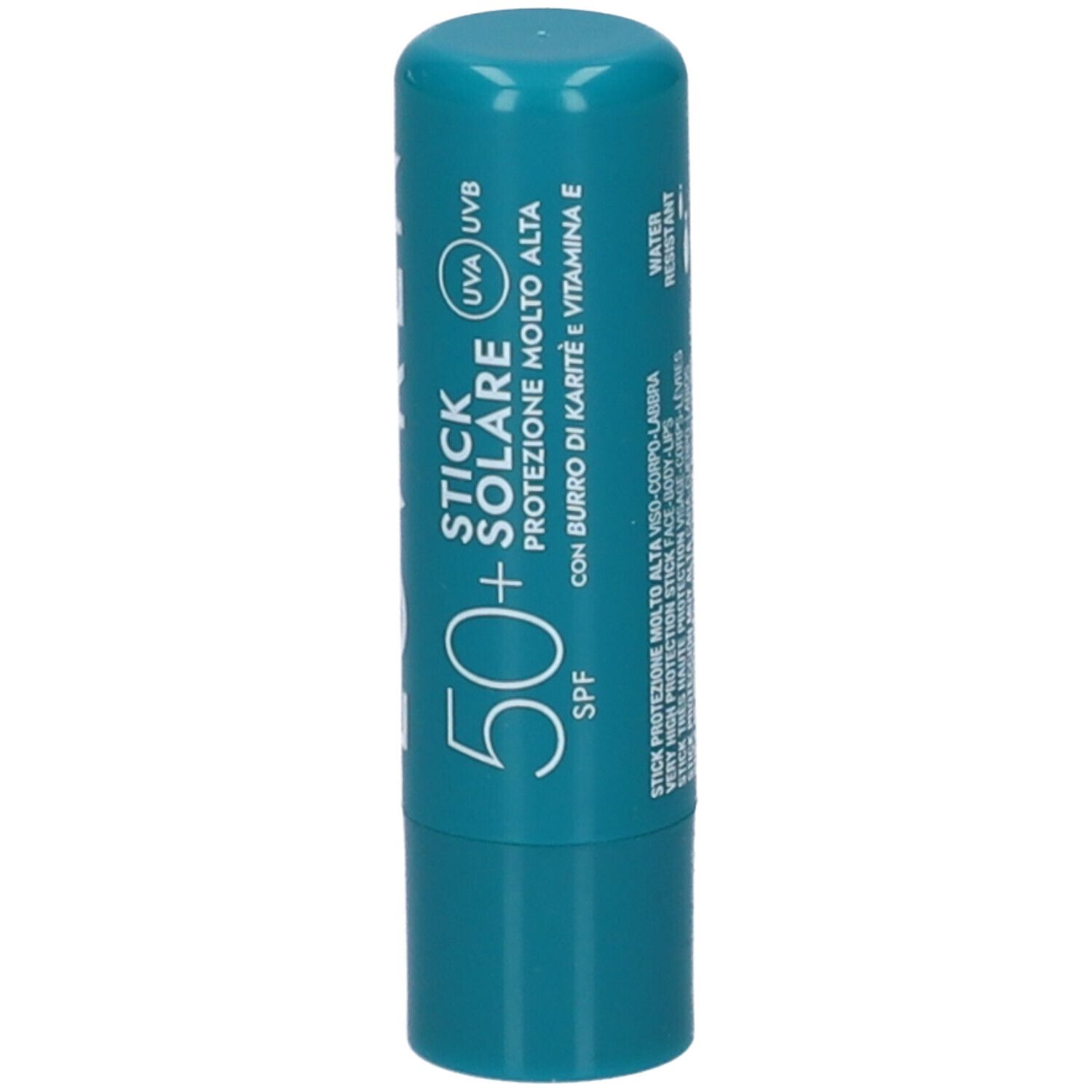 Stick labbra turchese. Scritta: STICK SOLARE 50+ CON BURRO DI KARITÉ E VITAMINA E.