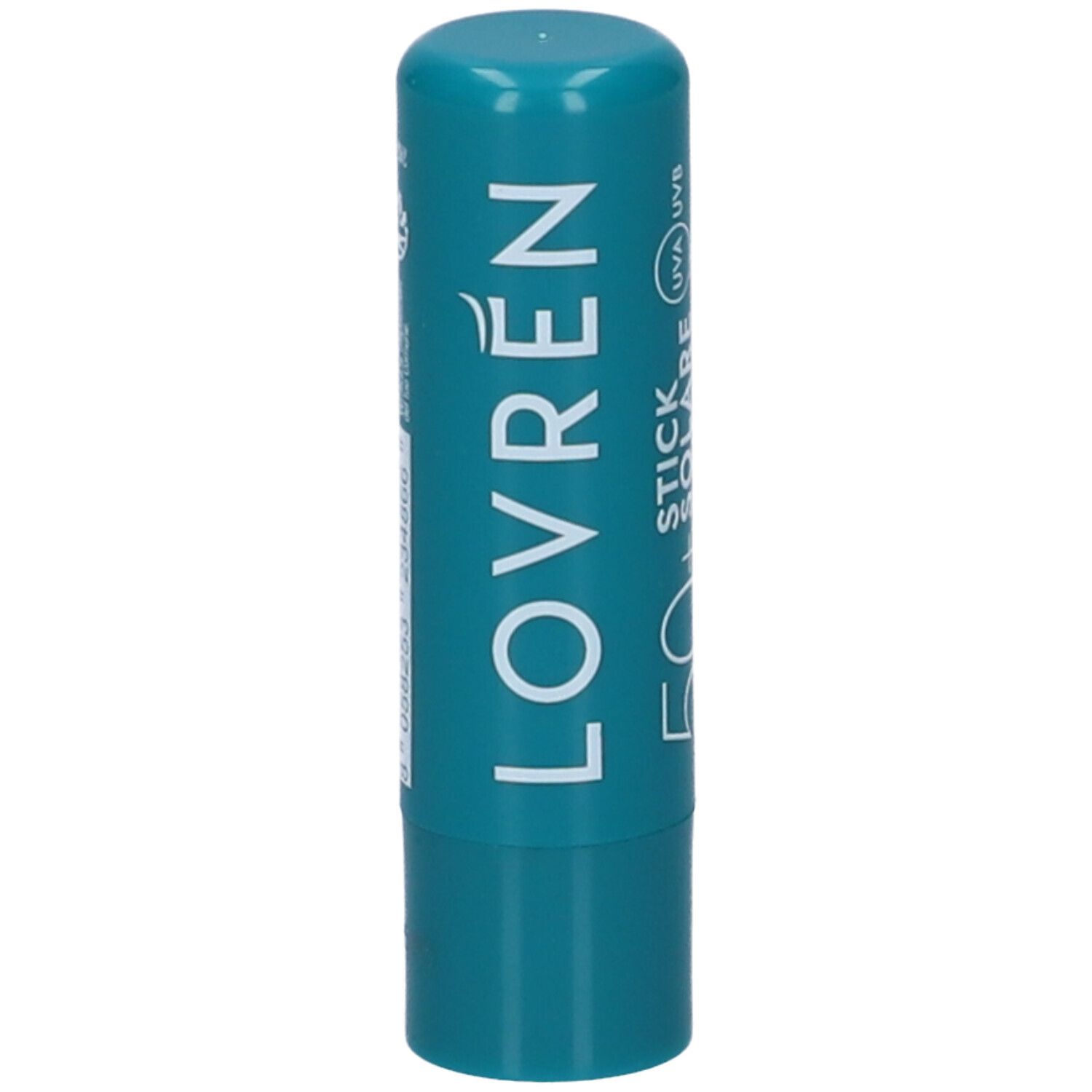 Stick labbra turchese. Scritta LOVRÉN. Scritta: STICK SOLARE.