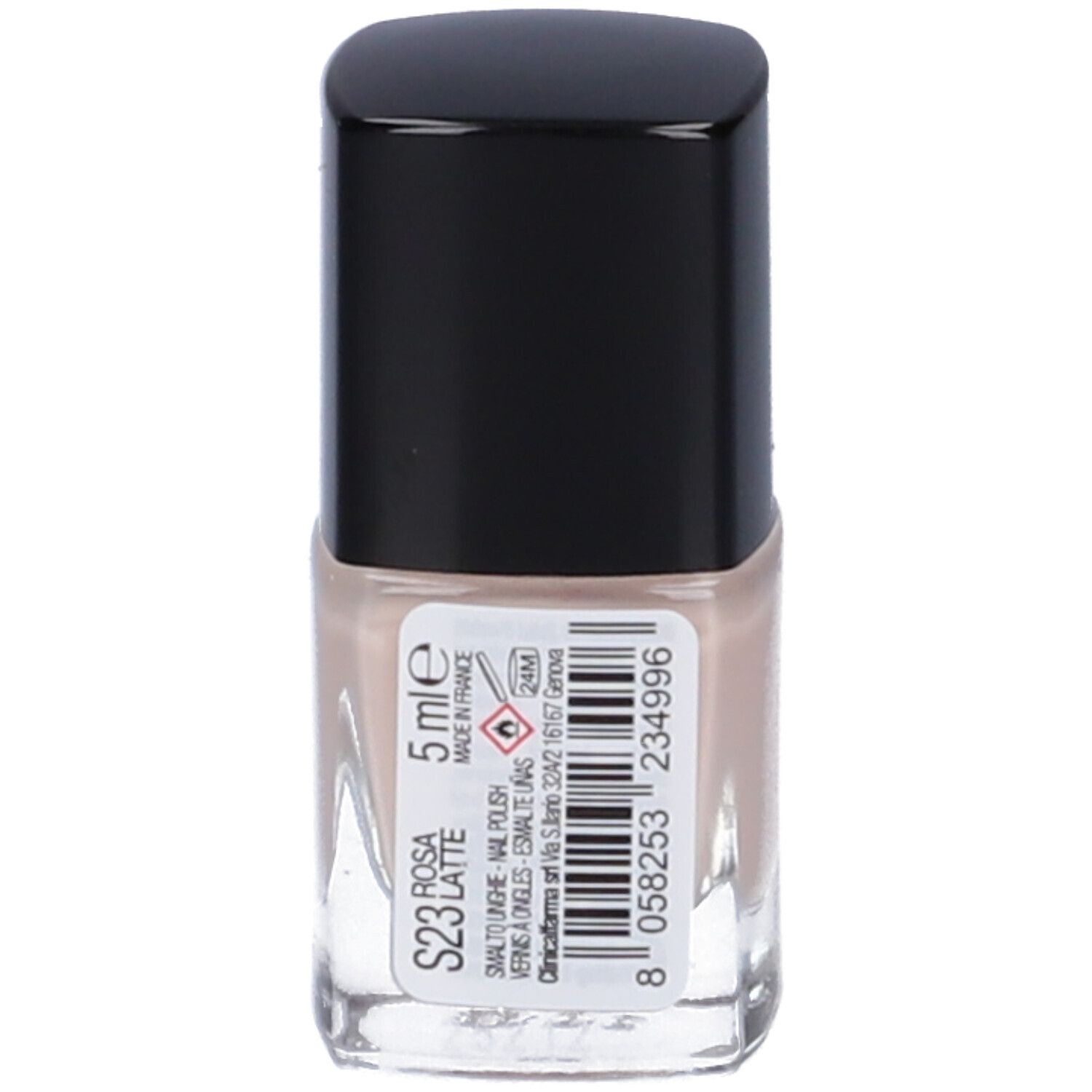 Flacone di smalto con tappo nero. Scritta: S23 Rosa Latte, 5 ml. Retro con testo e codice a barre.