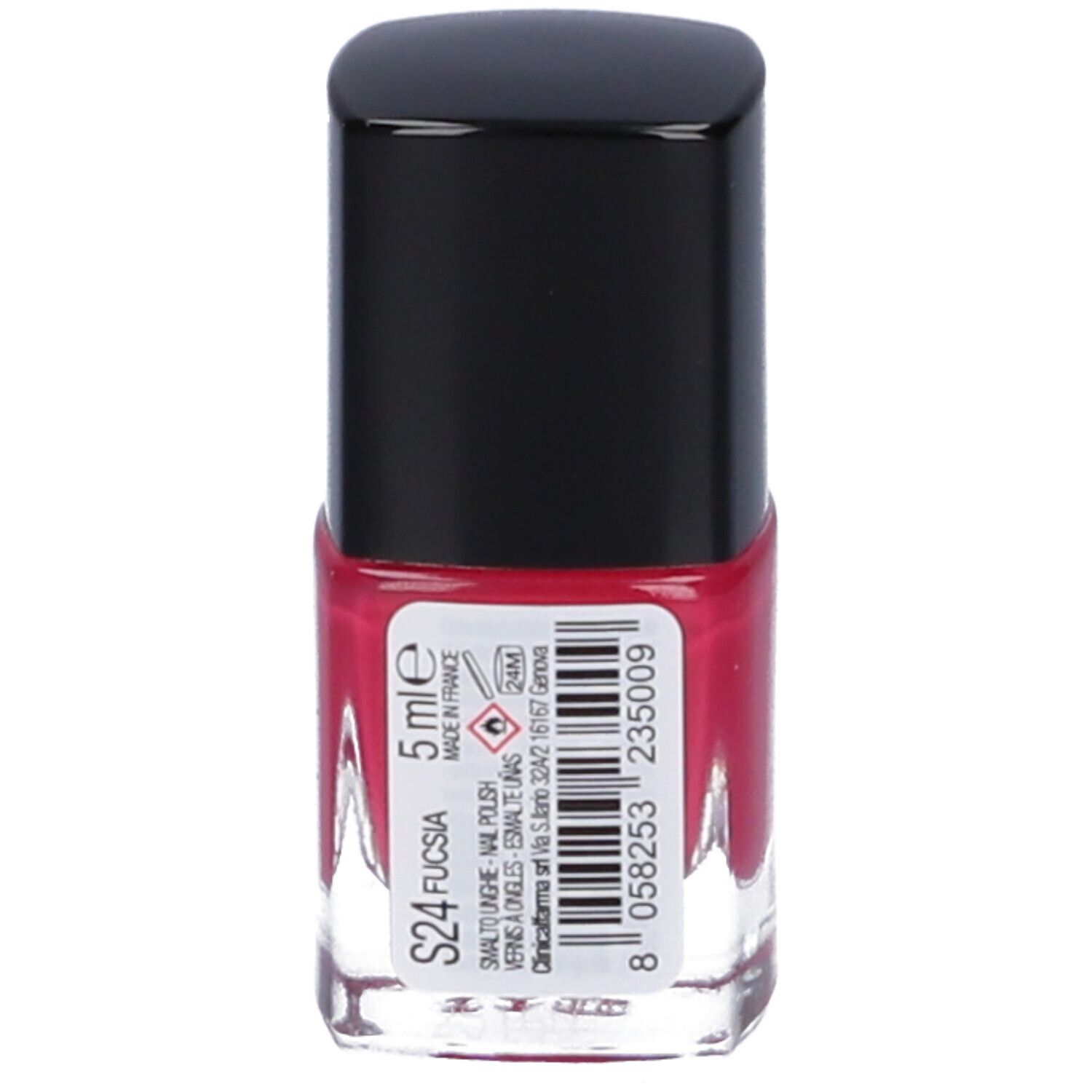 Flacone di smalto per unghie, 5ml, colore fucsia, con tappo nero.