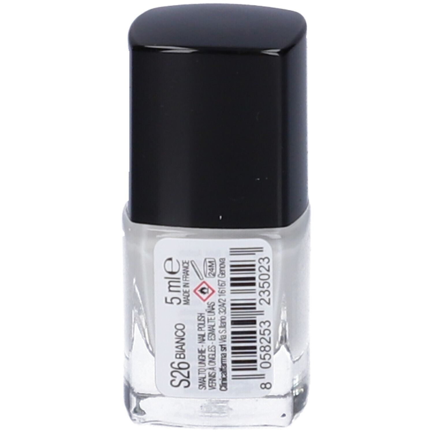 Smalto per unghie bianco in bottiglia di vetro con tappo nero. Scritta: S26 BIANCO, 5 ml.