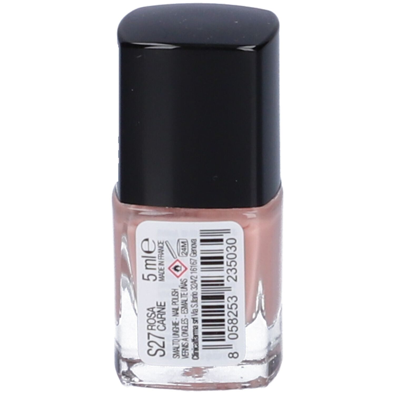Flacone di smalto per unghie, tappo nero. Contenuto rosa chiaro. Etichetta con testo e codice a barre. 5 ml.