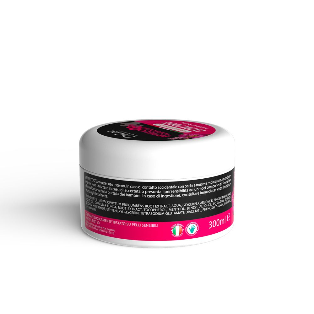 Vasetto bianco, retro. Coperchio nero con testo. Informazioni e ingredienti.