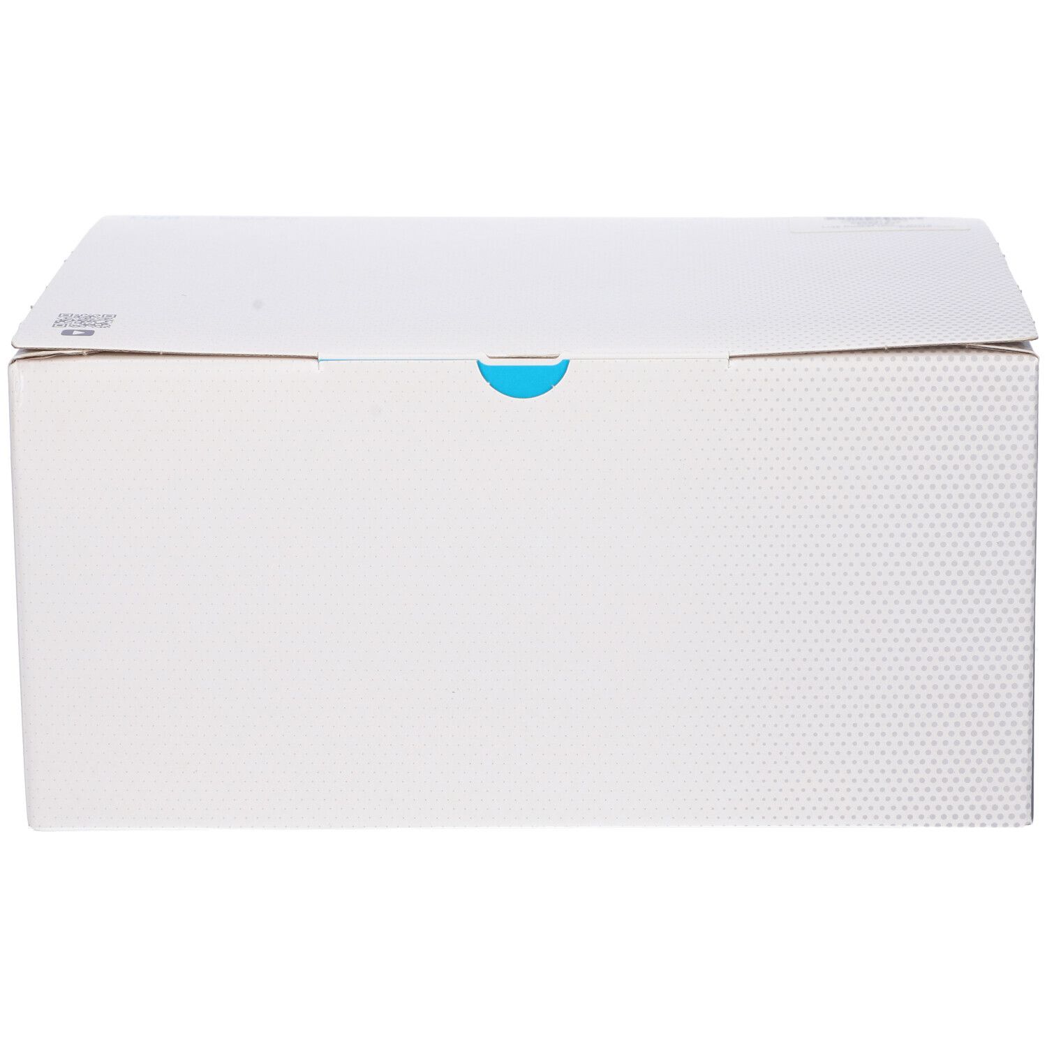 Confezione in cartone bianco con segno blu. Parte superiore con motivo a punti. Informazioni sul prodotto non visibili.