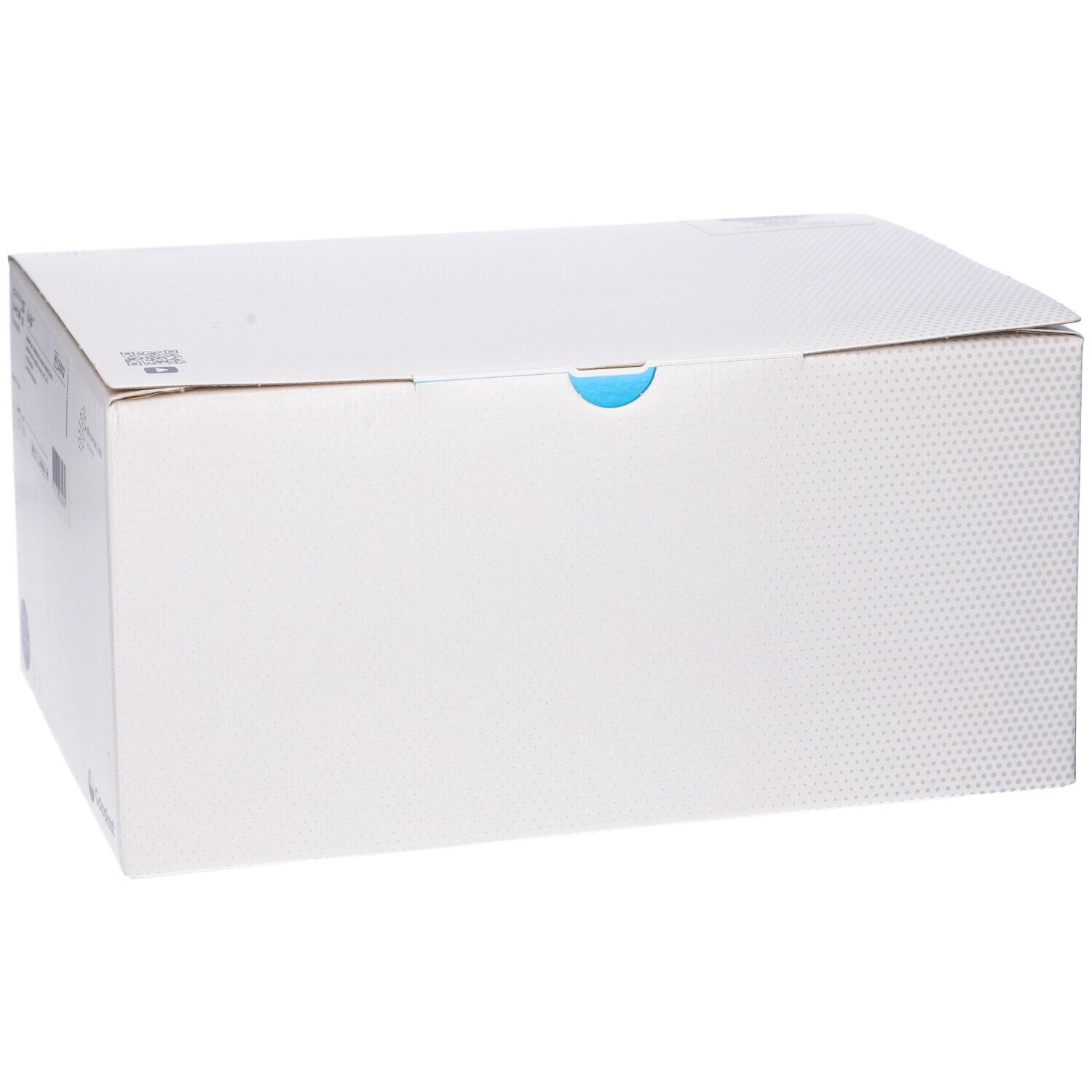 Confezione in cartone bianco con segno blu. Parte superiore con motivo a punti. Informazioni sul prodotto non visibili.