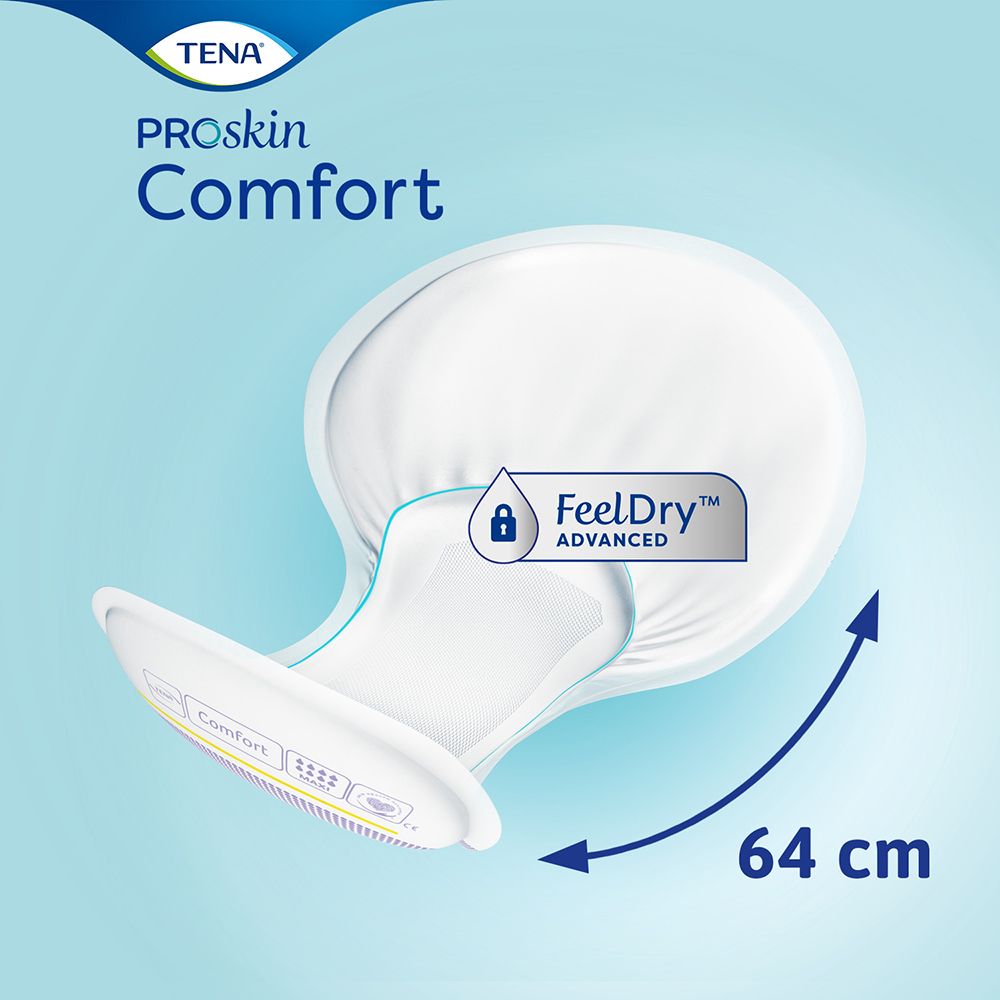 Assorbente per incontinenza bianco, sagomato. Contorno blu. Caratteristica FeelDry Advanced. Dimensione: 64 cm.