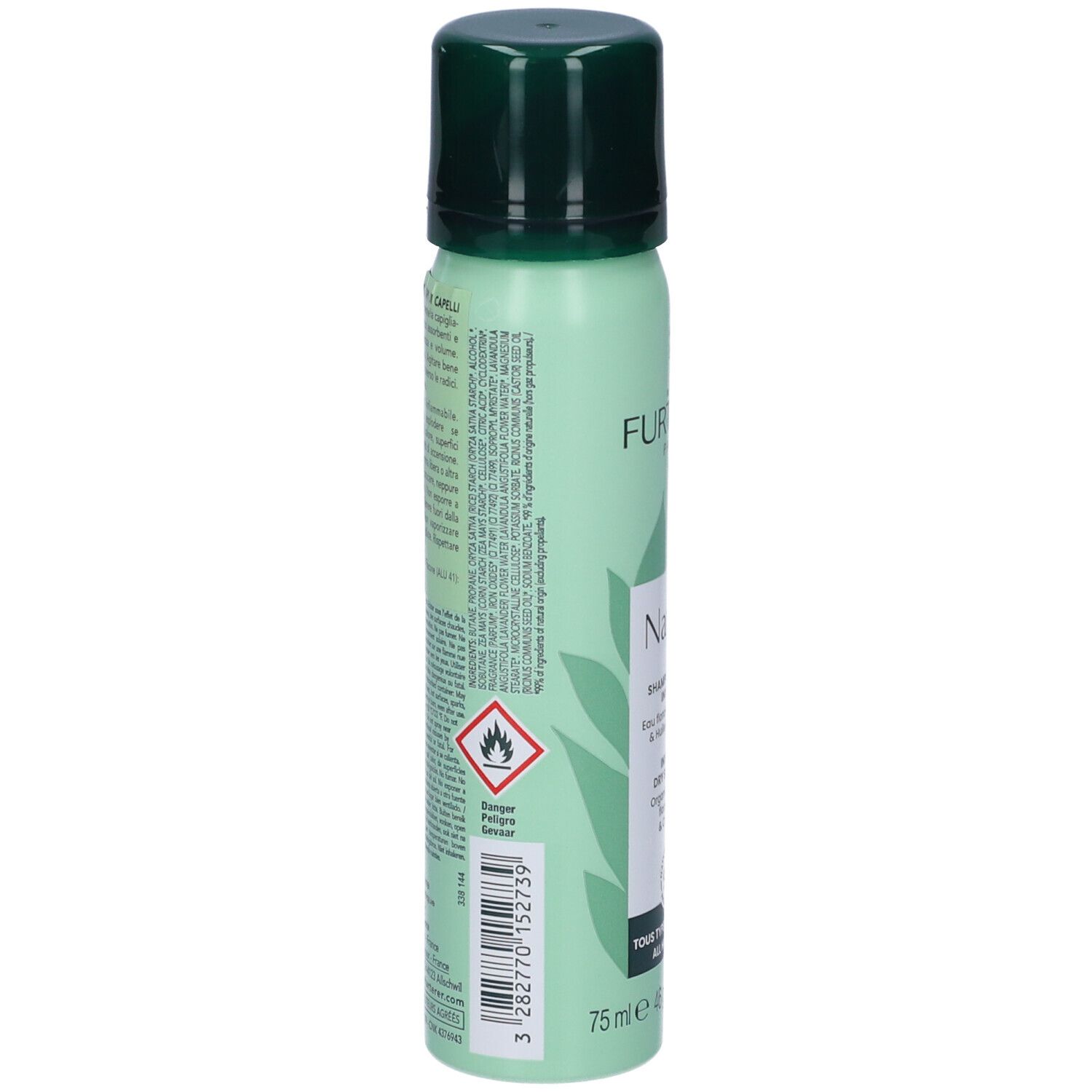 Retro del flacone spray verde. Testo in più lingue. Avvertenza. 75 ml. Contiene 46 g. Simbolo di pericolo.