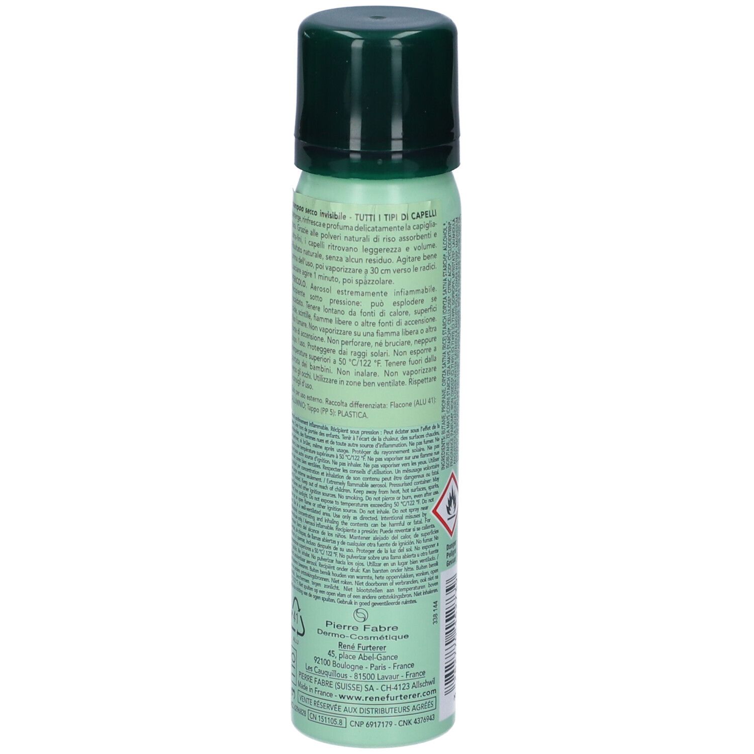 Retro del flacone spray verde. Testo in più lingue. Avvertenza. 75 ml. Contiene 46 g. Informazioni sul produttore.