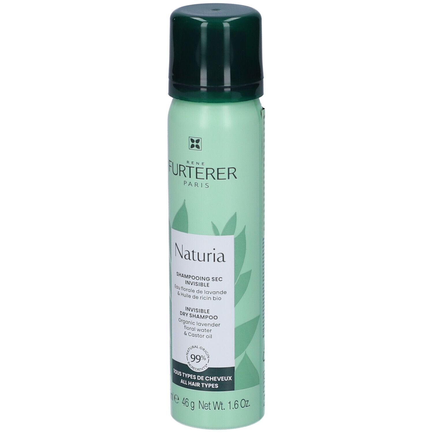 Flacone spray verde con tappo nero. Scritta: Naturia, Shampooing Sec Invisible. Contiene acqua di lavanda e olio di ricino. 75 ml.