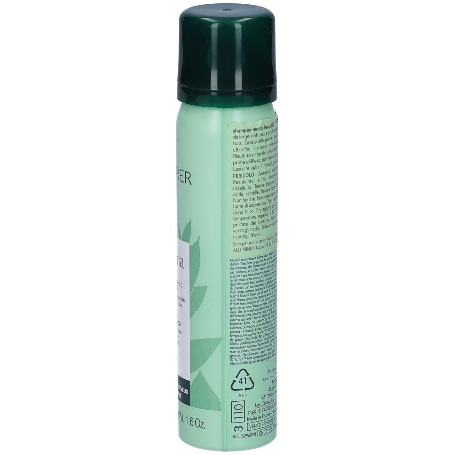 Retro del flacone spray verde. Testo in più lingue. Avvertenza. 75 ml. Contiene 46 g. Simbolo di riciclaggio.