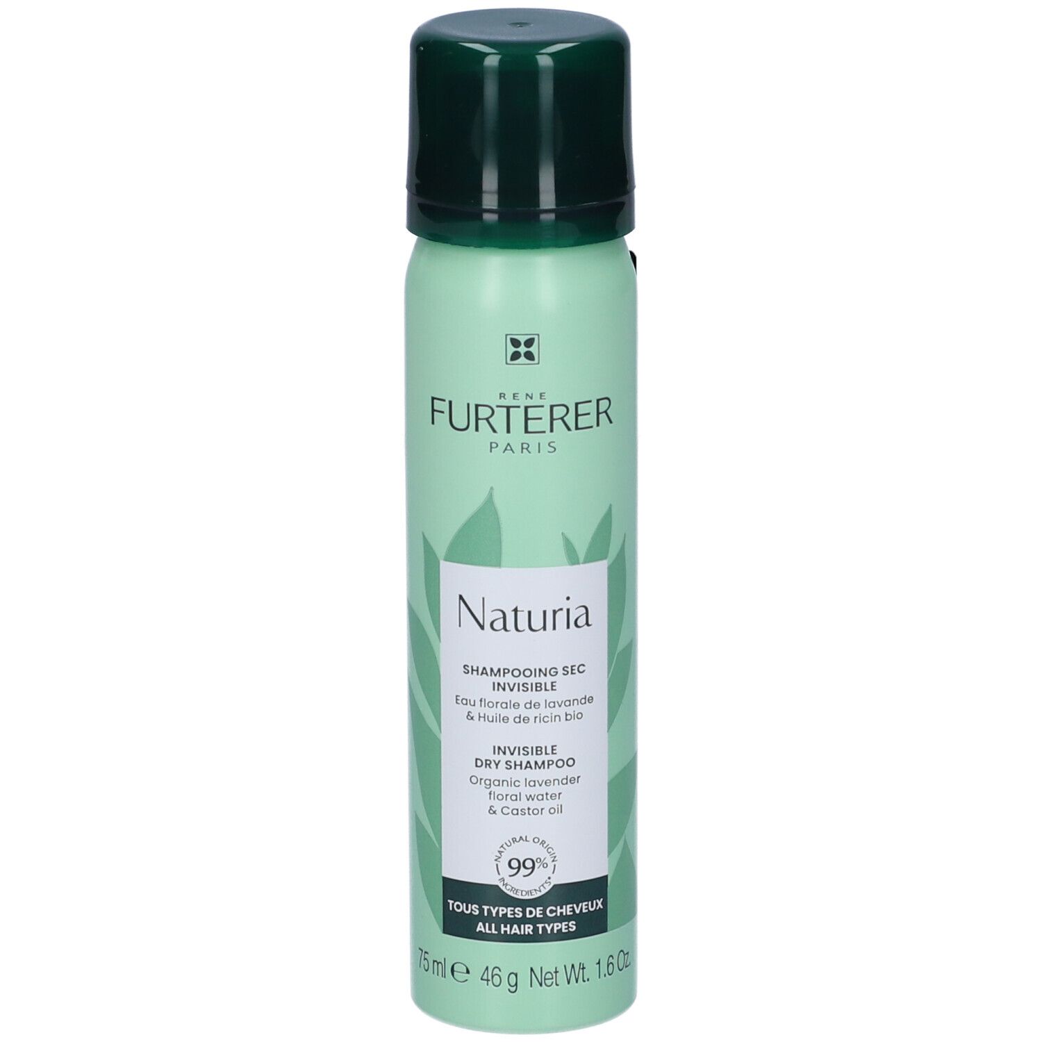 Flacone spray verde con tappo nero. Scritta: Naturia, Shampooing Sec Invisible. Contiene acqua di lavanda e olio di ricino. 75 ml.