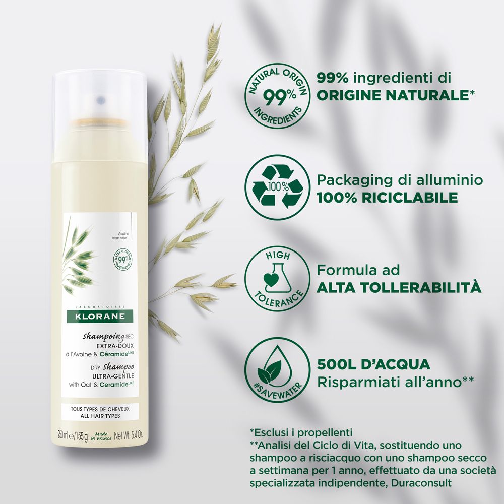 Flacone di shampoo secco Klorane. Bianco con etichetta verde. Testo: 'Ultra-delicato con Avena & Ceramide'.