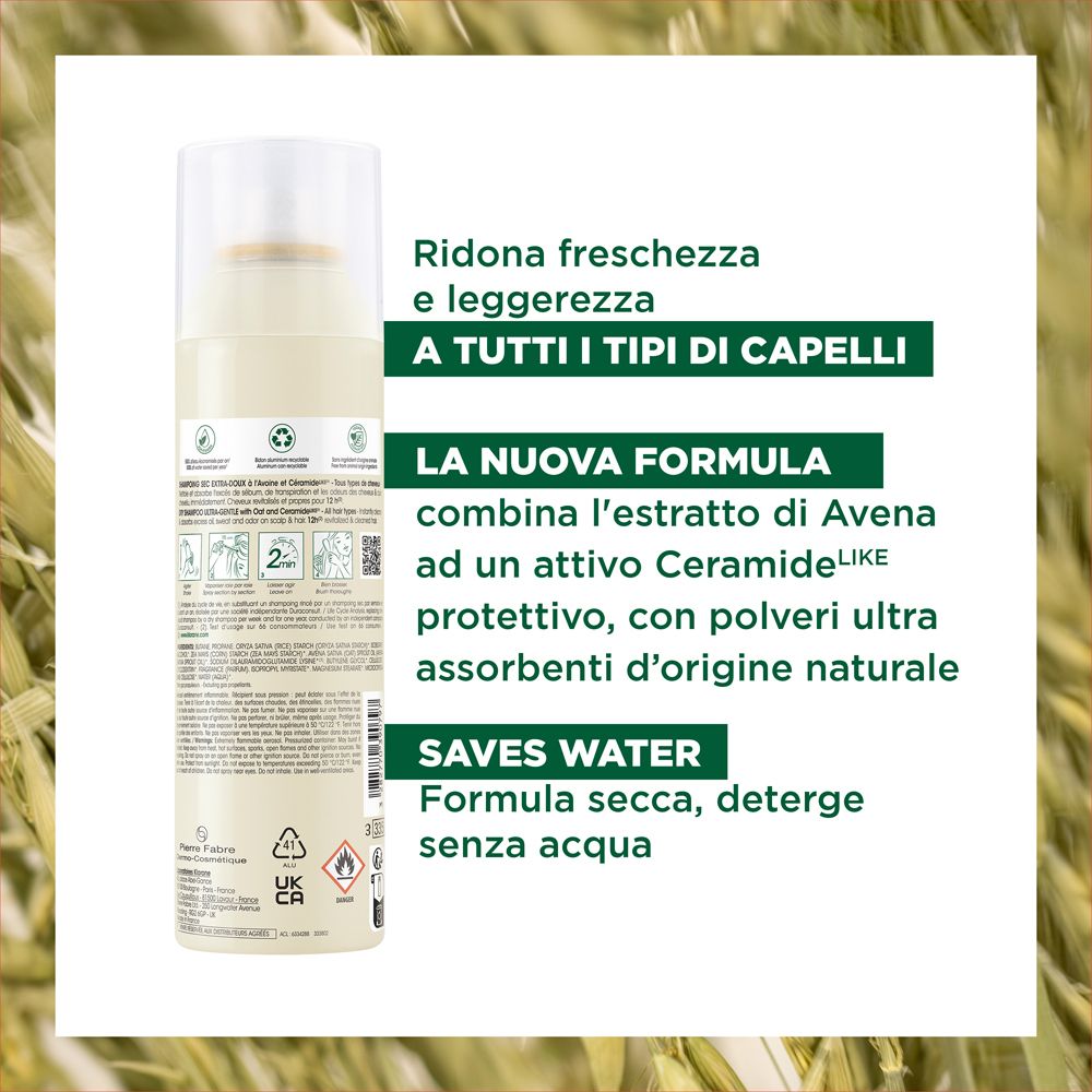 Retro del flacone di shampoo secco Klorane. Testo: 'Ultra-delicato con Avena & Ceramide'.