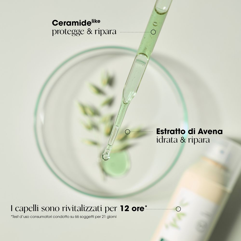 Primo piano di gocce e ingredienti. Testo: 'Ceramide like' e 'Estratto di Avena'.