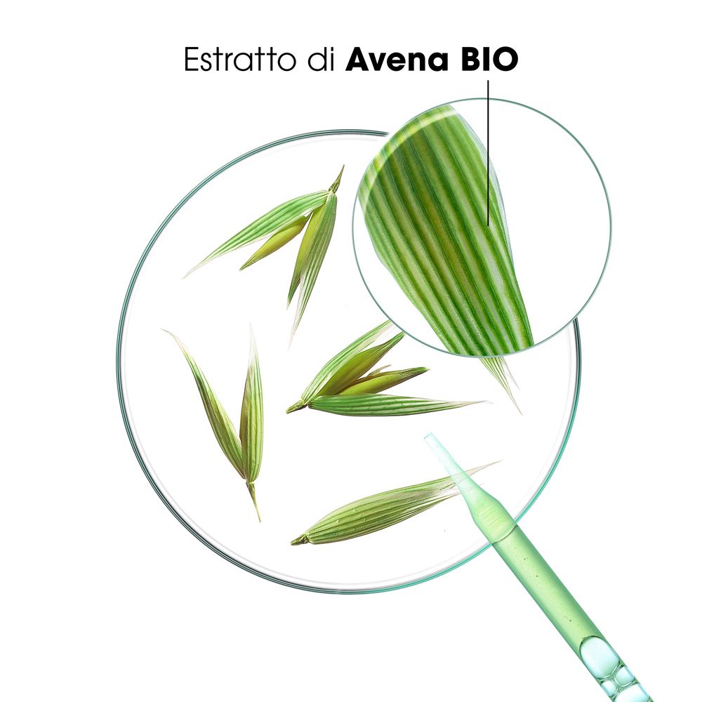 Primo piano dell'estratto di avena. Testo: 'Estratto di Avena BIO'. Foglie verdi e pipetta.
