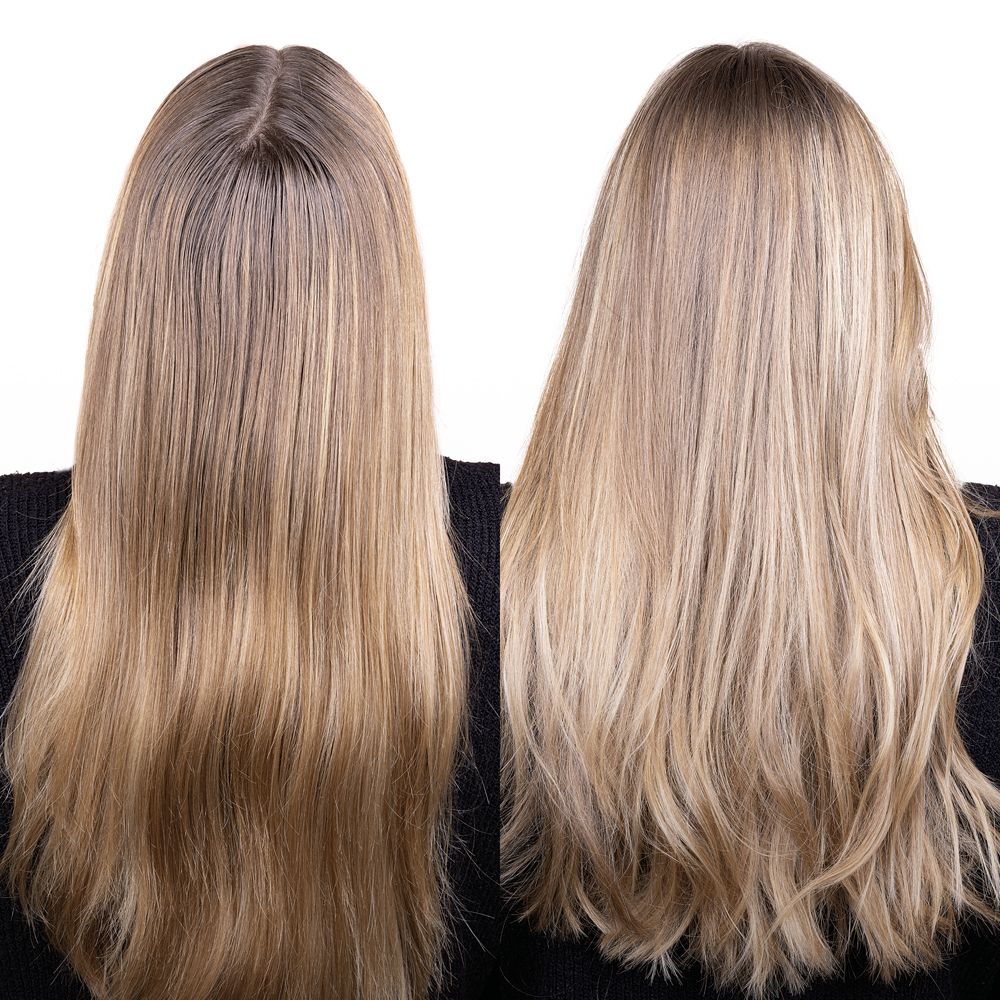 Vista prima e dopo dei capelli biondi. Sinistra: prima del trattamento. Destra: dopo il trattamento.