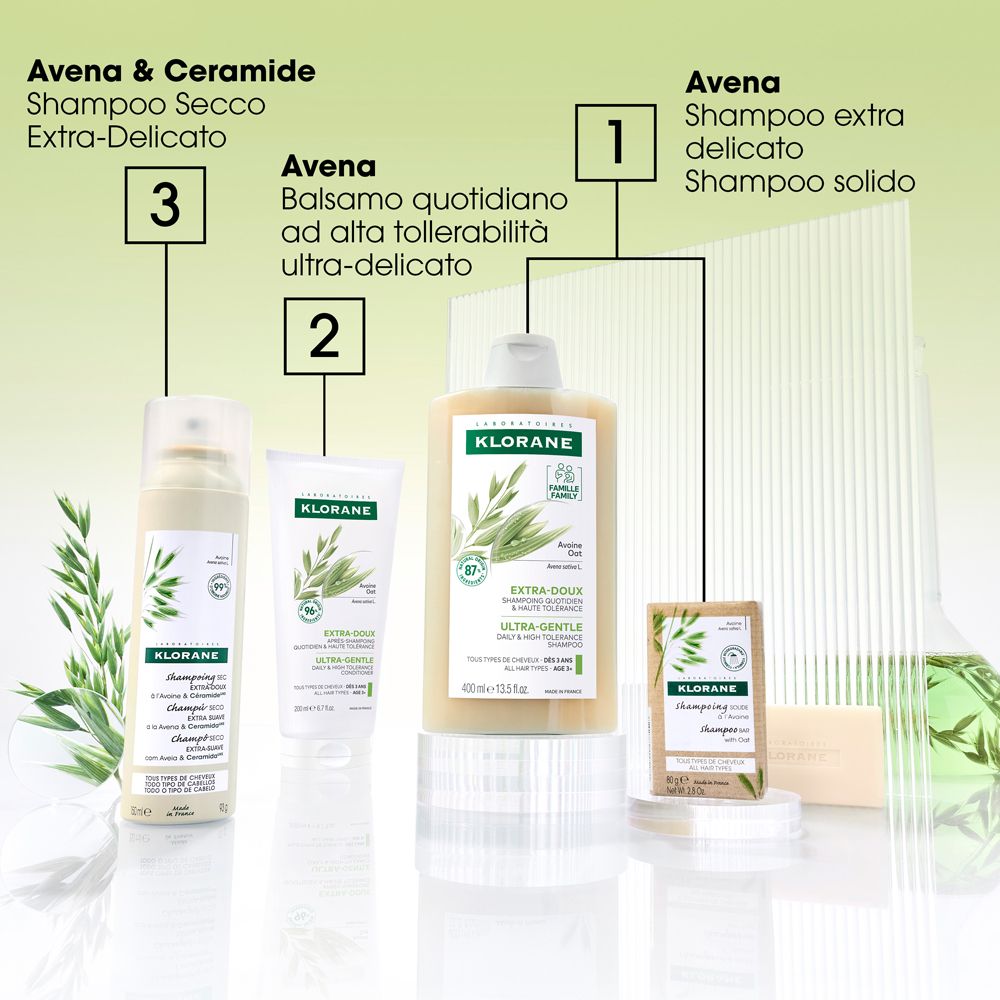 Prodotti Klorane: shampoo secco, balsamo, shampoo. Testo: Avena & Ceramide, Shampoo secco.