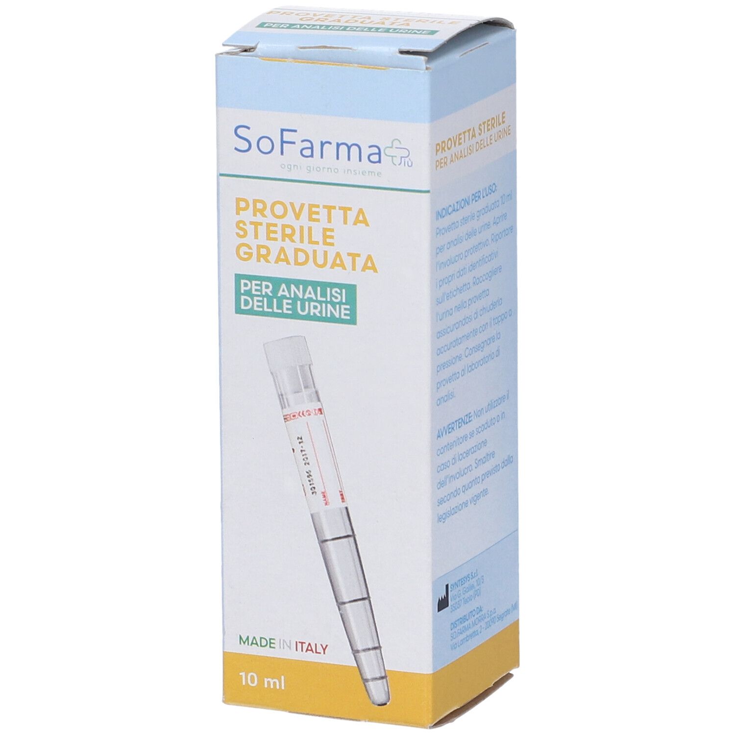 Scatola con provetta per urina. Scritto: SoFarma, Provetta Sterile Graduata. 10 ml. Made in Italy.