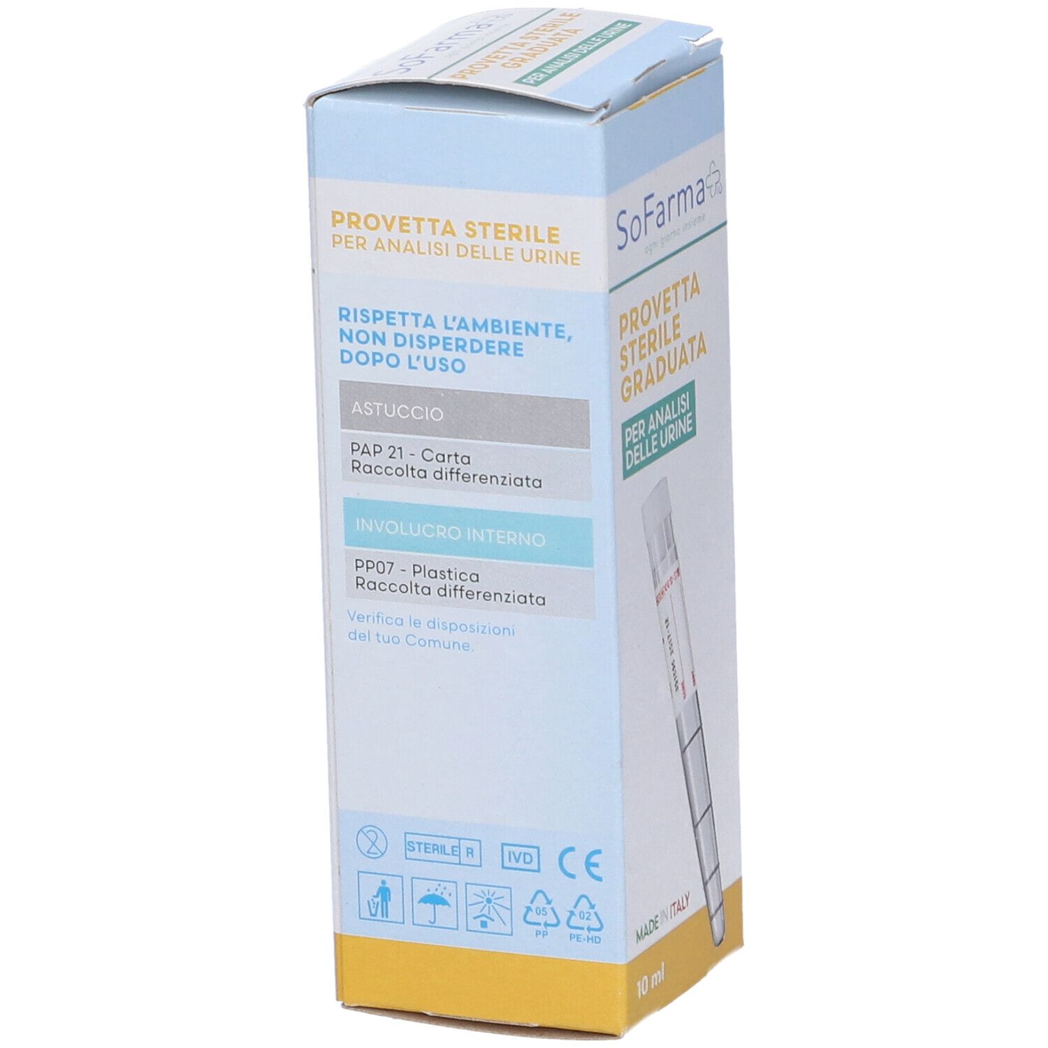 Scatola con provetta per urina. Scritto: SoFarma, Provetta Sterile Graduata. 10 ml. Made in Italy.