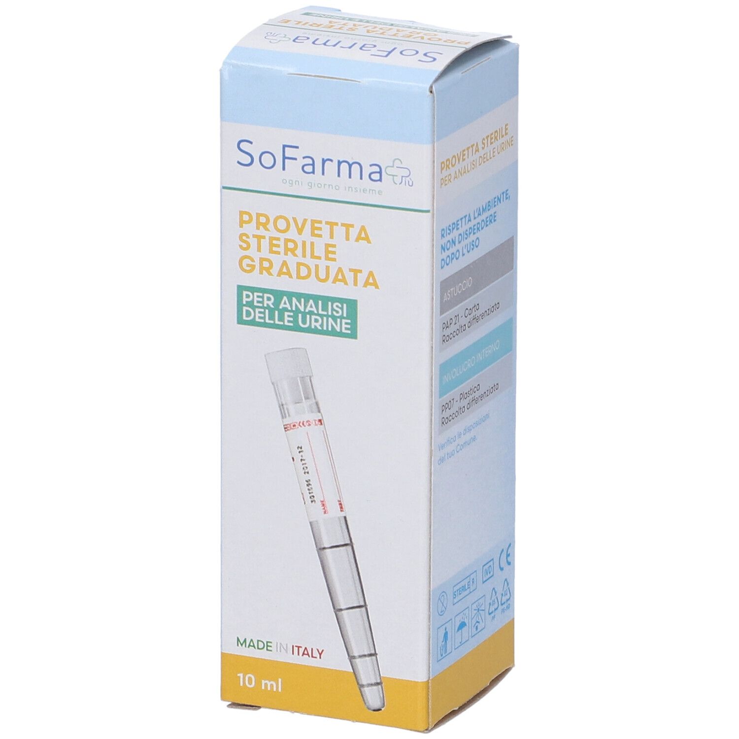 Scatola con provetta per urina. Scritto: SoFarma, Provetta Sterile Graduata. 10 ml. Made in Italy.