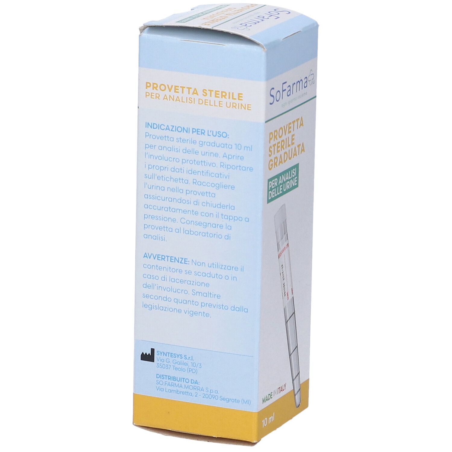 Scatola con provetta per urina. Scritto: SoFarma, Provetta Sterile Graduata. 10 ml. Made in Italy.