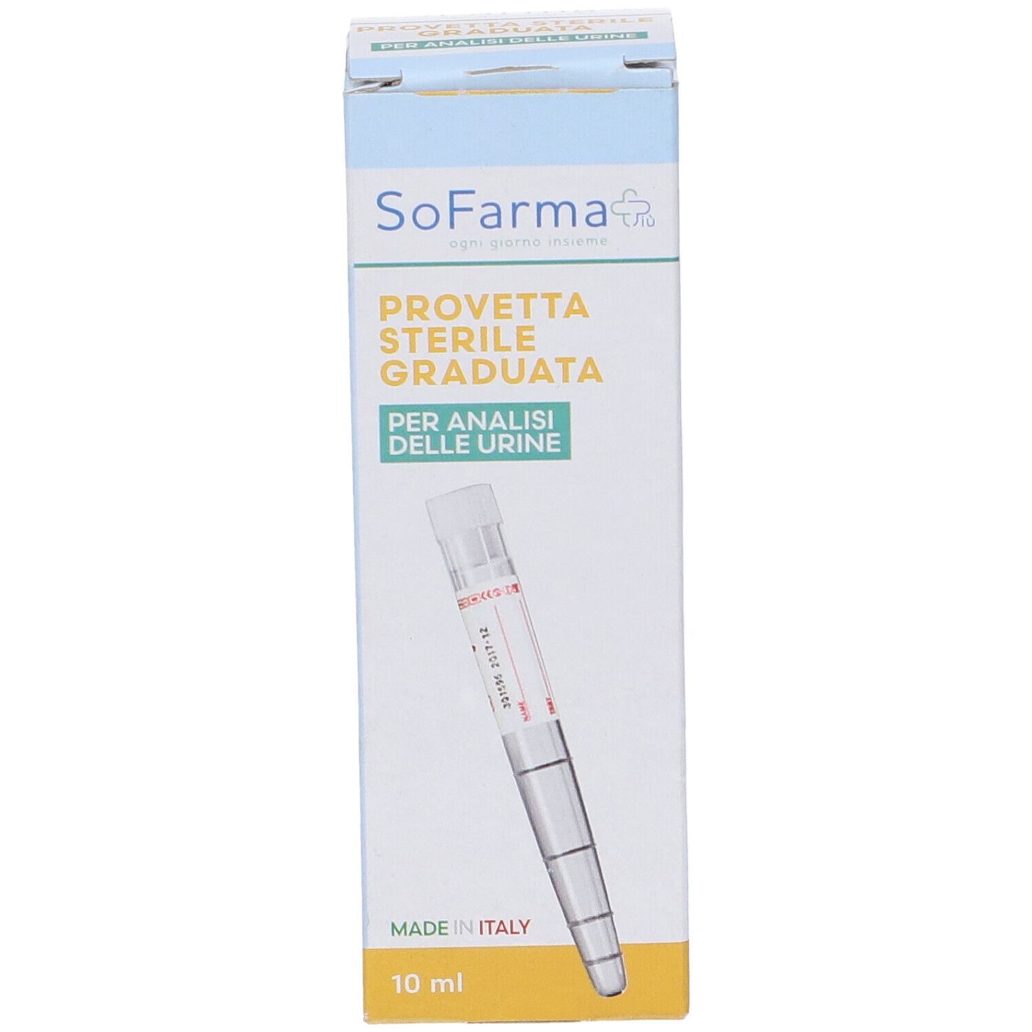 Scatola con provetta per urina. Scritto: SoFarma, Provetta Sterile Graduata. 10 ml. Made in Italy.