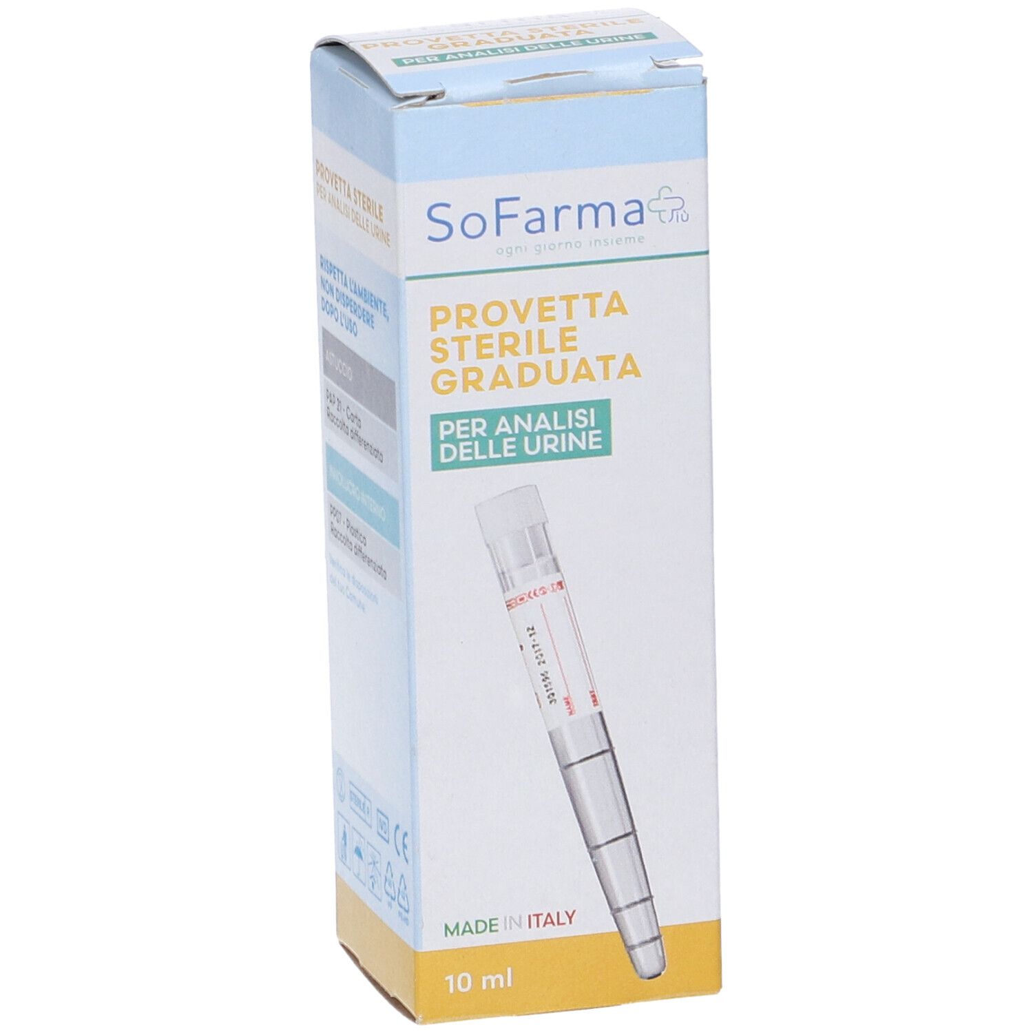 Scatola con provetta per urina. Scritto: SoFarma, Provetta Sterile Graduata. 10 ml. Made in Italy.