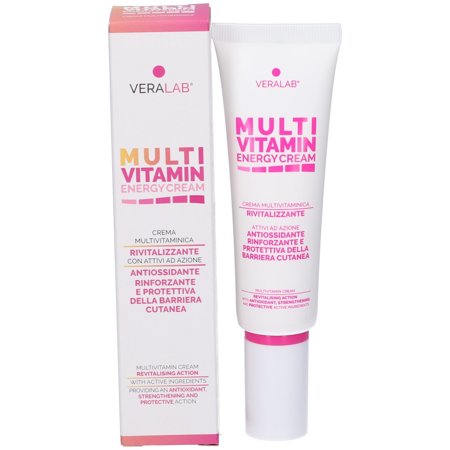 Confezione del prodotto con tubo e scatola. Scritta: Veralab, Multi Vitamin Energy Cream.