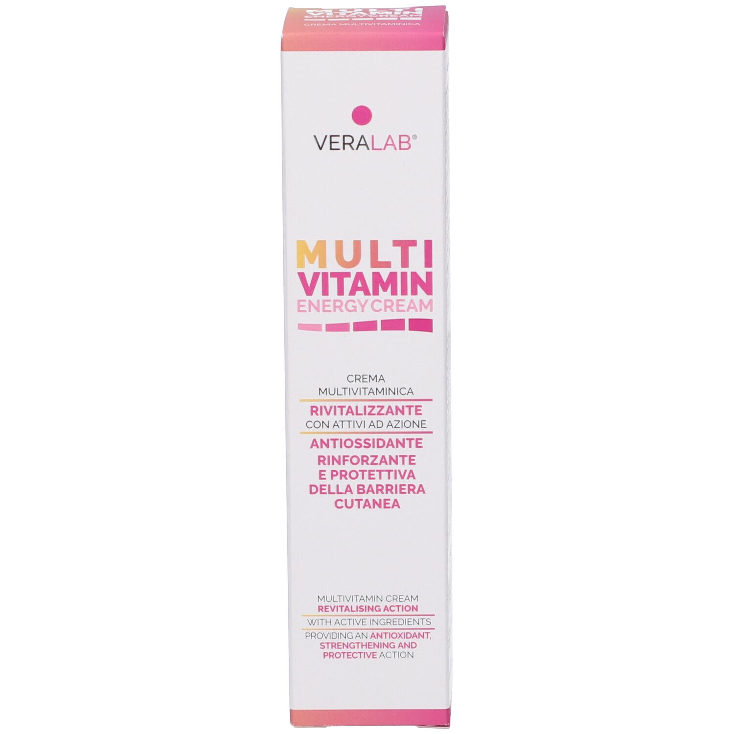 Scatola con scritta: Veralab, Multi Vitamin Energy Cream. Dettagli rosa e gialli.