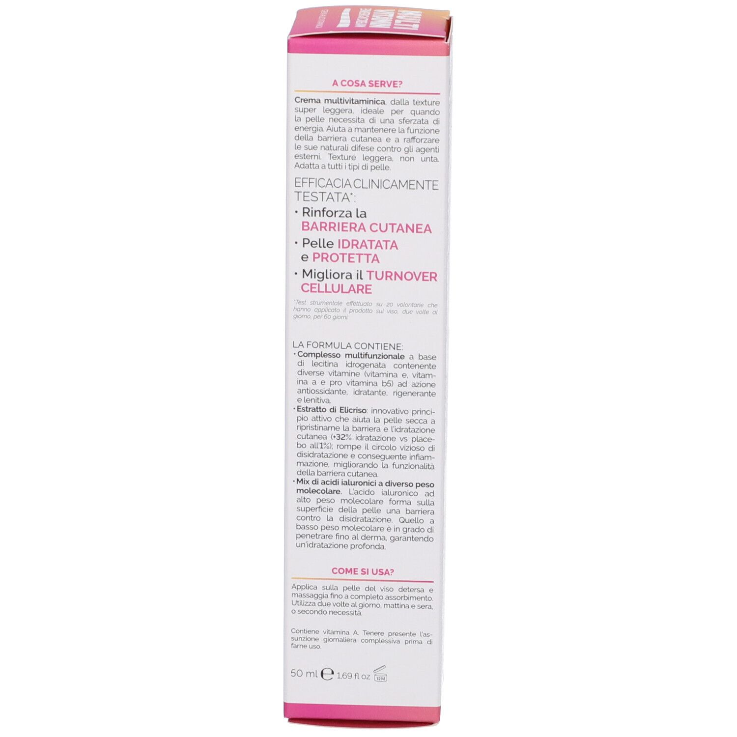 Lato della scatola. Testo multilingue. Dettagli rosa e gialli. Informazioni sul prodotto.