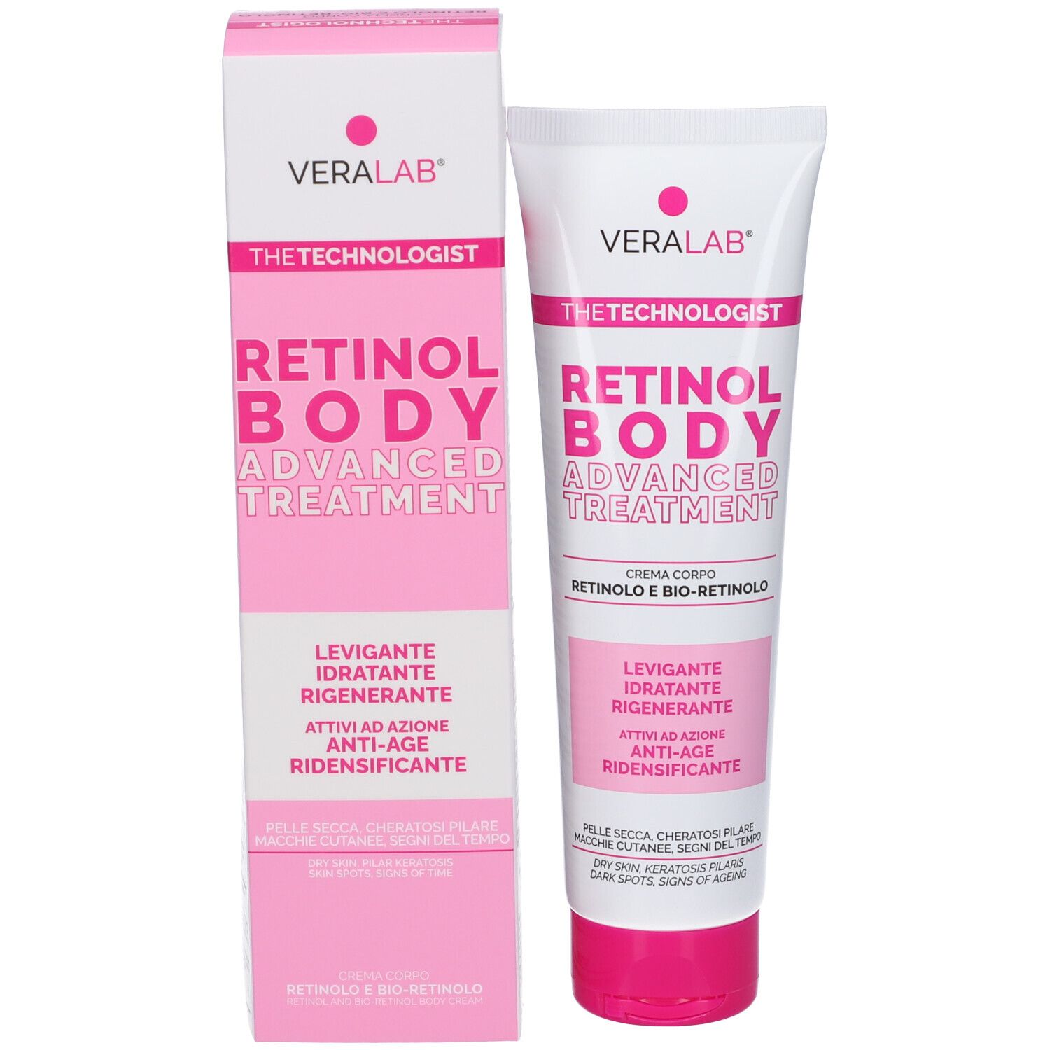 Confezione del prodotto: tubo e scatola. Scritta: Veralab, Retinol Body Advanced Treatment. Crema corpo, anti-età.