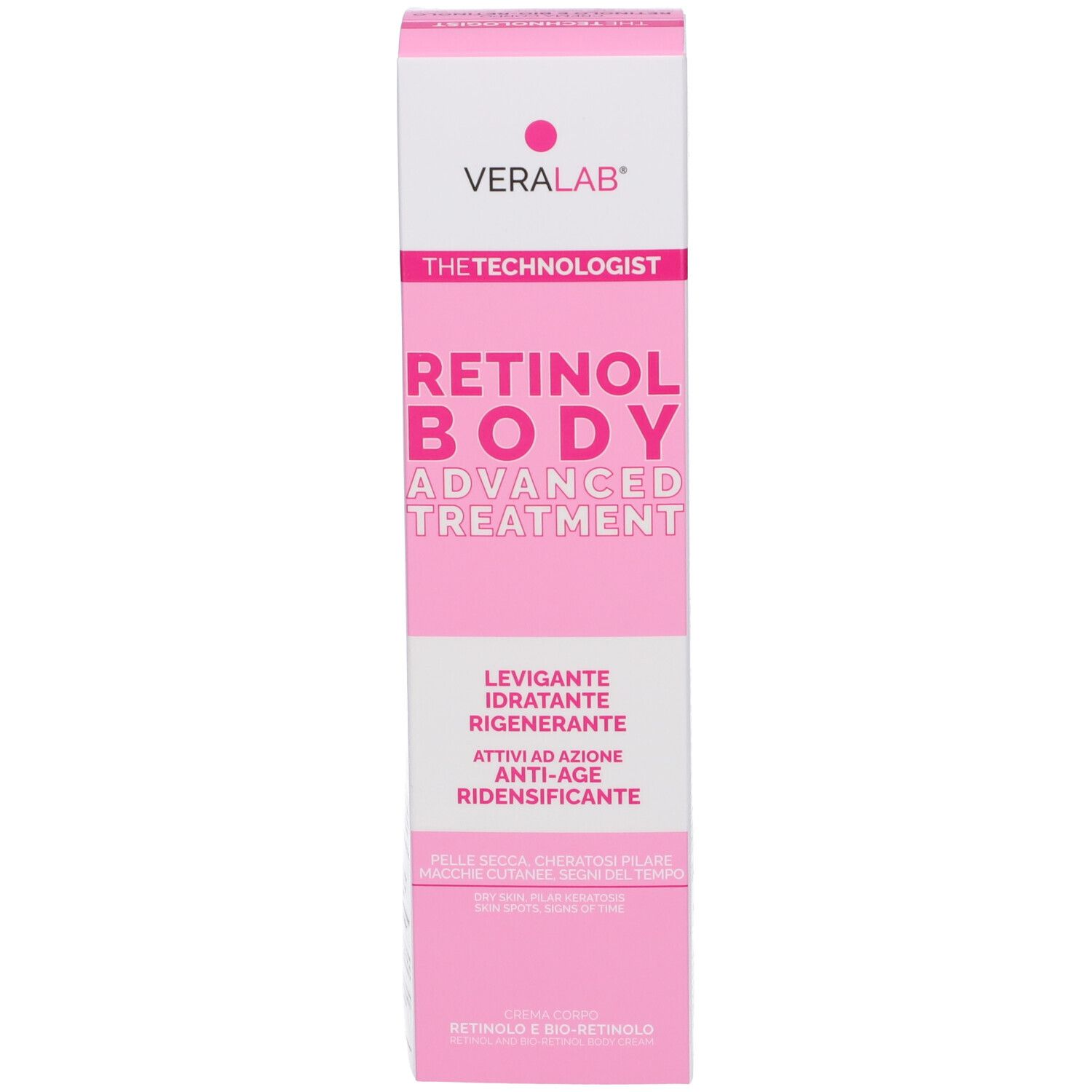 Scatola con informazioni sul prodotto. Scritta: Veralab, Retinol Body Advanced Treatment. Crema corpo, anti-età.