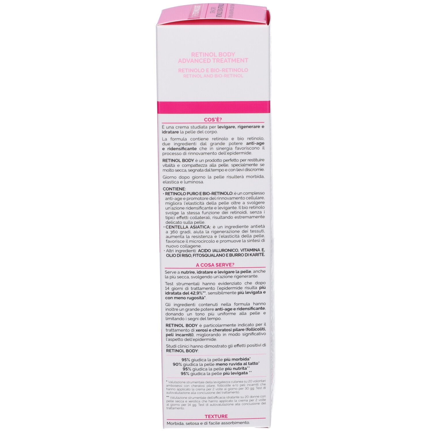 Lato della scatola. Testo in italiano. Benefici del prodotto, ingredienti e texture.