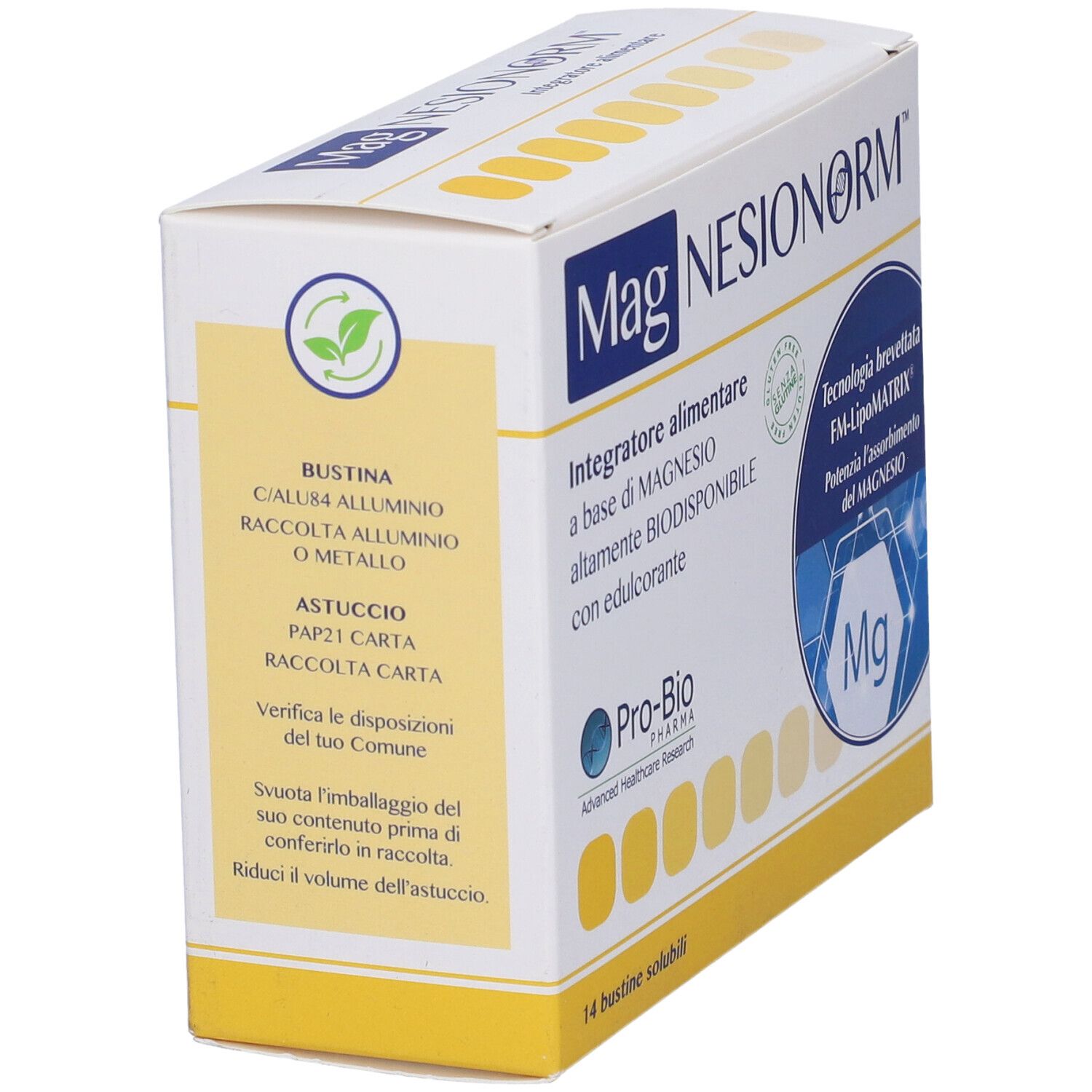 Scatola Magnesionorm, angolata. Scritto: Integratore alimentare, 14 bustine solubili. Contiene magnesio.
