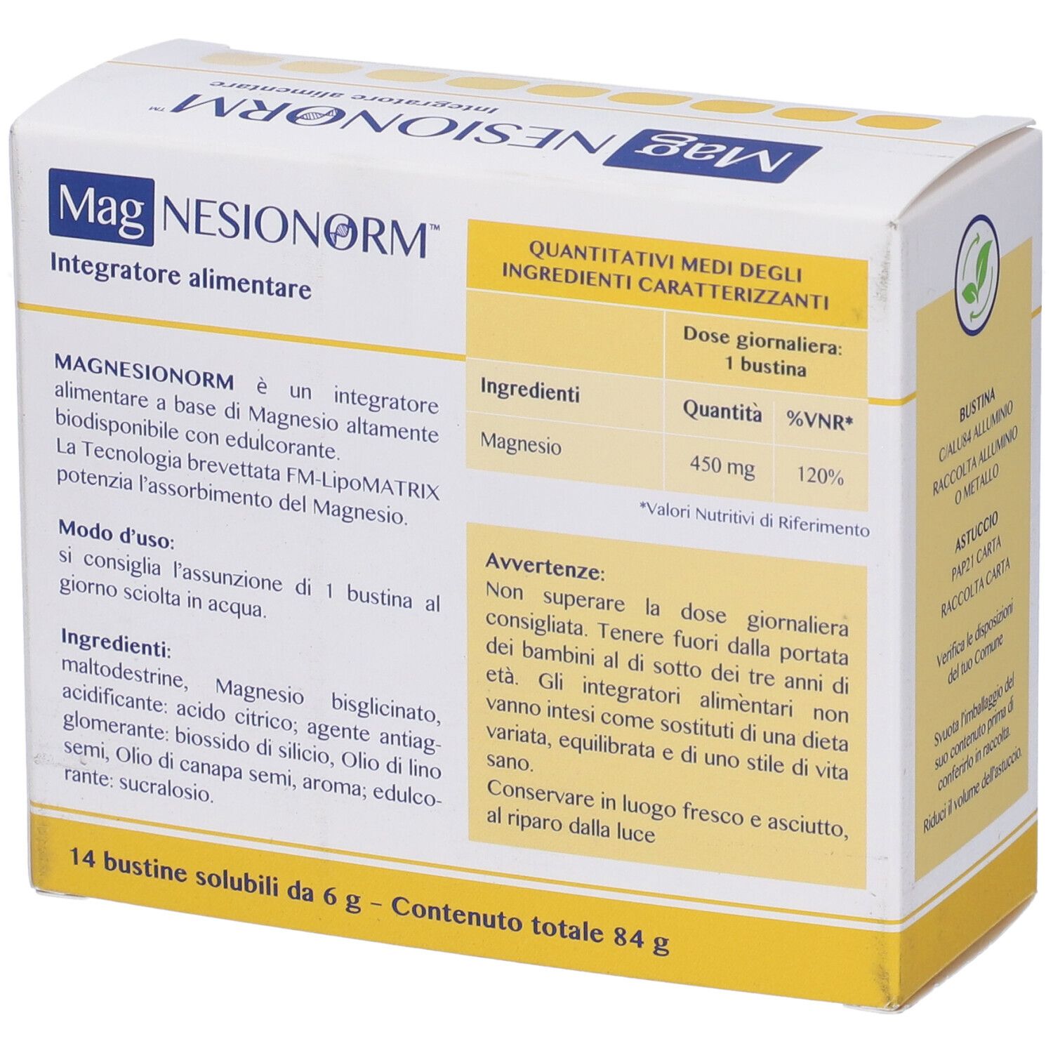 Retro scatola Magnesionorm. Informazioni su ingredienti e dosaggio. 14 bustine solubili.