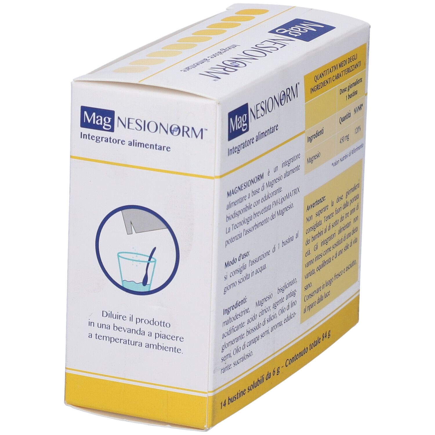 Scatola Magnesionorm con istruzioni. 14 bustine solubili. Sciogliere il prodotto in acqua.