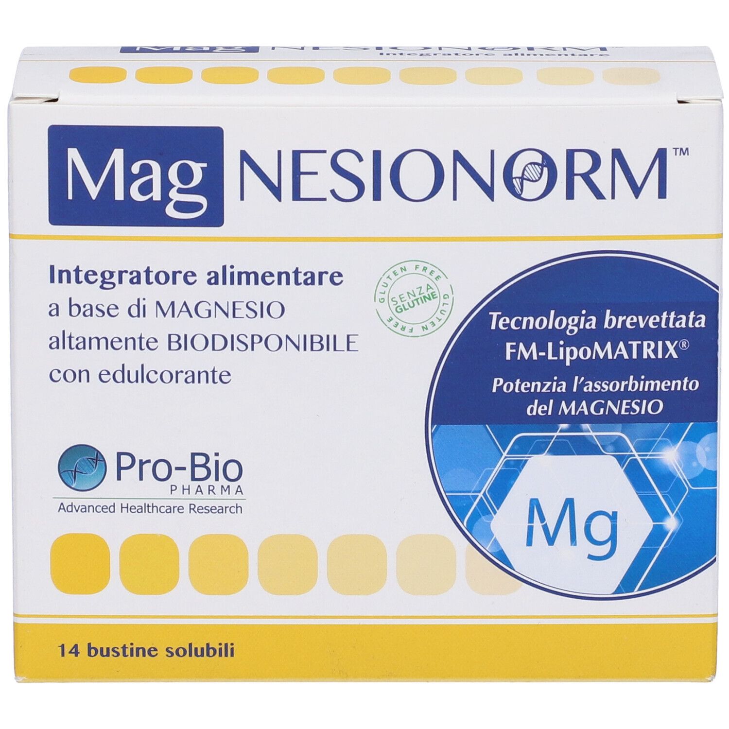 Scatola Magnesionorm. Scritto: Integratore alimentare, 14 bustine solubili. Contiene magnesio.