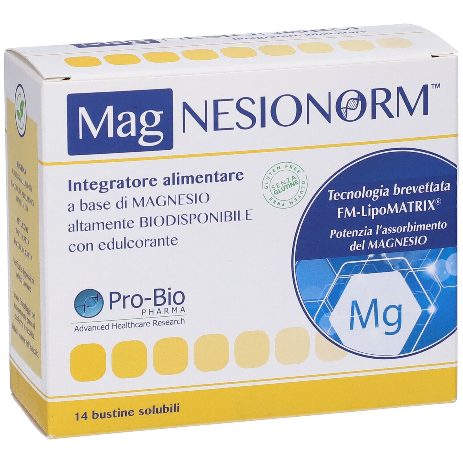 Scatola Magnesionorm. Scritto: Integratore alimentare, 14 bustine solubili. Contiene magnesio.