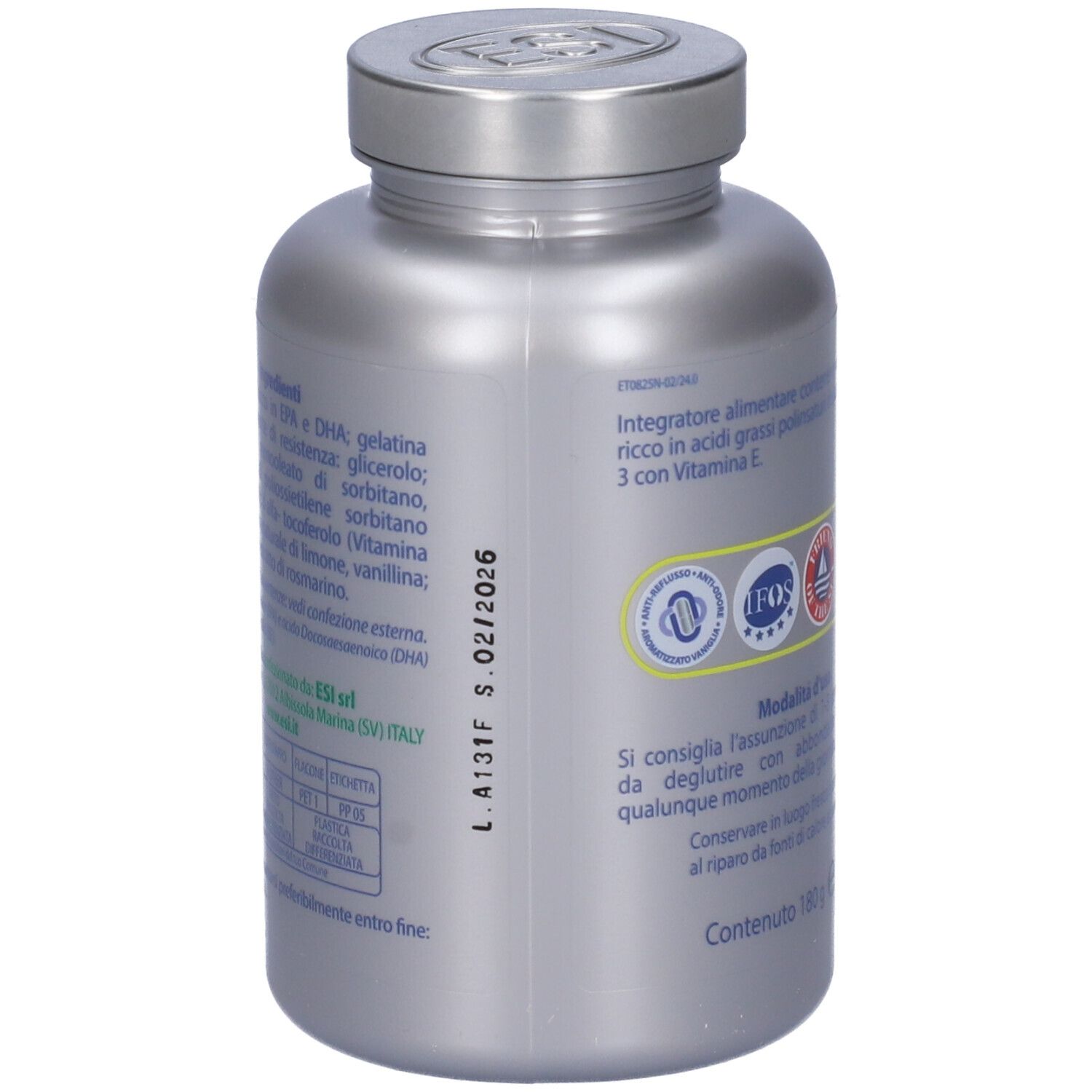 Retro flacone ESI Omega 3. Ingredienti, data di scadenza, informazioni produttore. Informazioni nutrizionali.